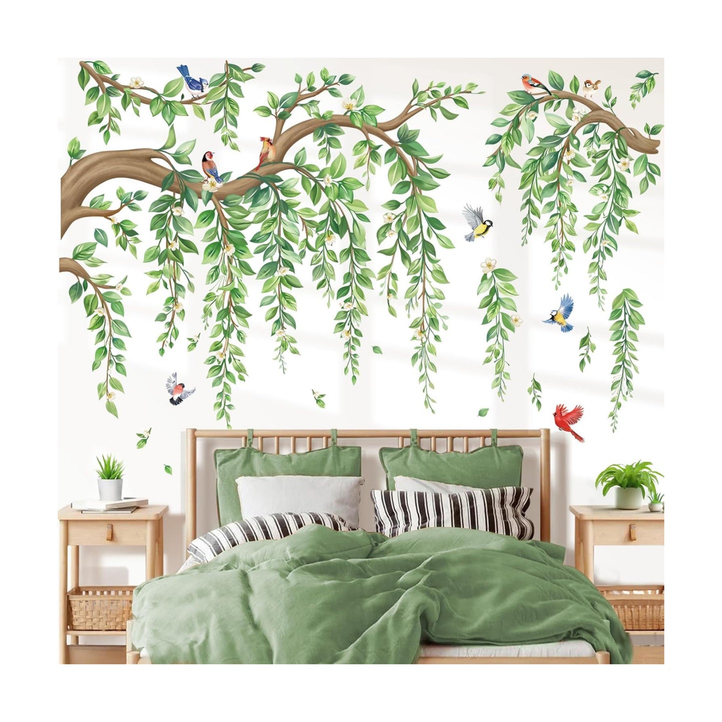 Large Tree Branch Hanging Vine Wall Stickers Leaf Flower Birds Peel and Stick Wall Art / Green