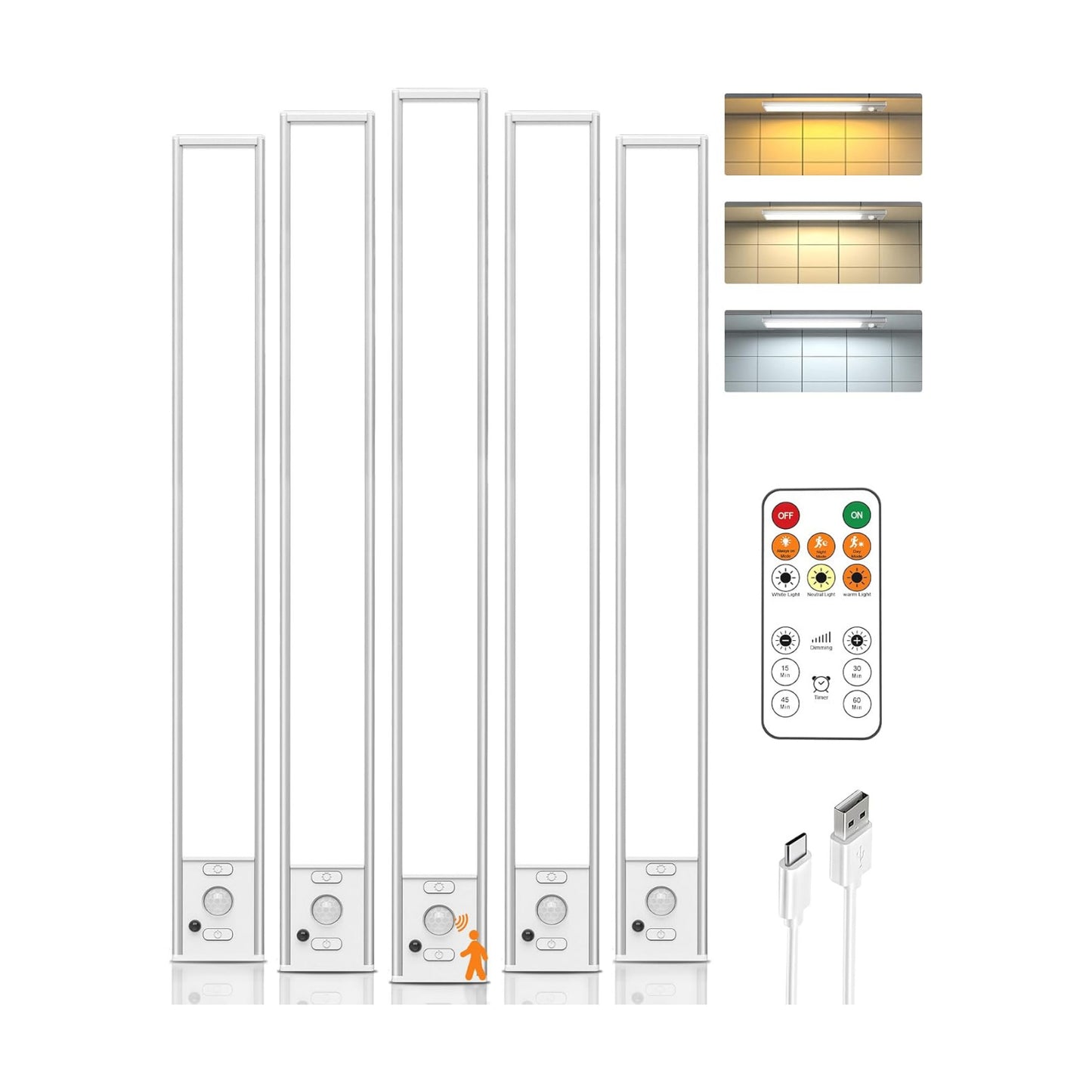 16inch Under Cabinet Lighting Wireless 5 Pack, Rechargeable Motion Sensor Light Indoor, Closet Lights with Remote, 3