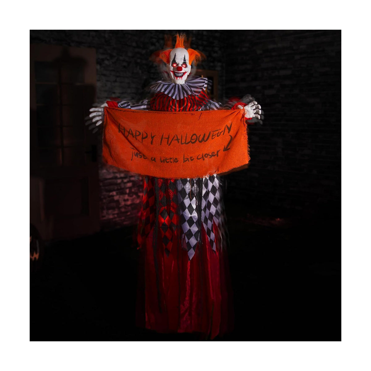 Halloween Animatronics 5ft Hanging Clown, 60inch Floating Animated Clown Decorations with Banner, Sound Activated, Creepy Voice, Light Up Eyes, Scary Move, Spooky Horror Prop for Indoor, Outdoor