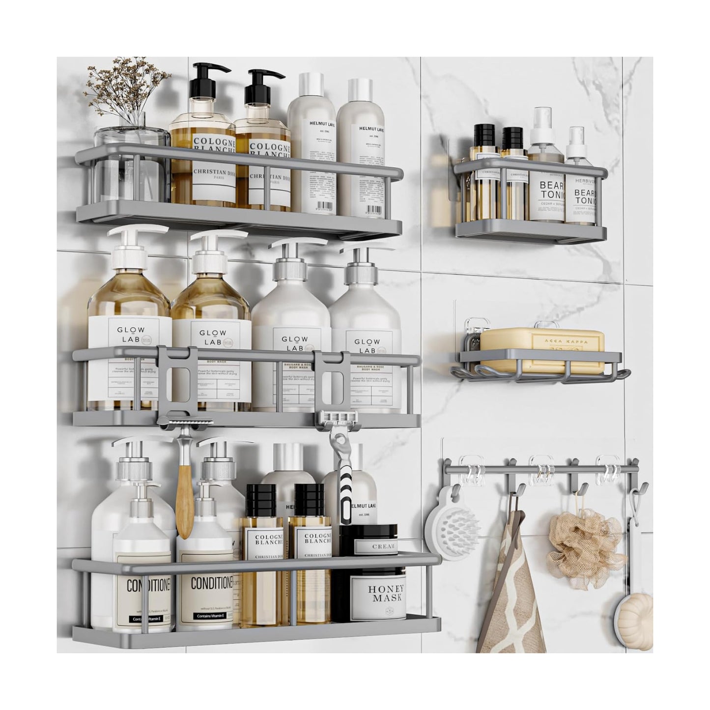 YASONIC Shower Caddy Adhesive, Rustproof Shower Organizer with Soap Holder, Large Capacity Shower Shelves for Inside