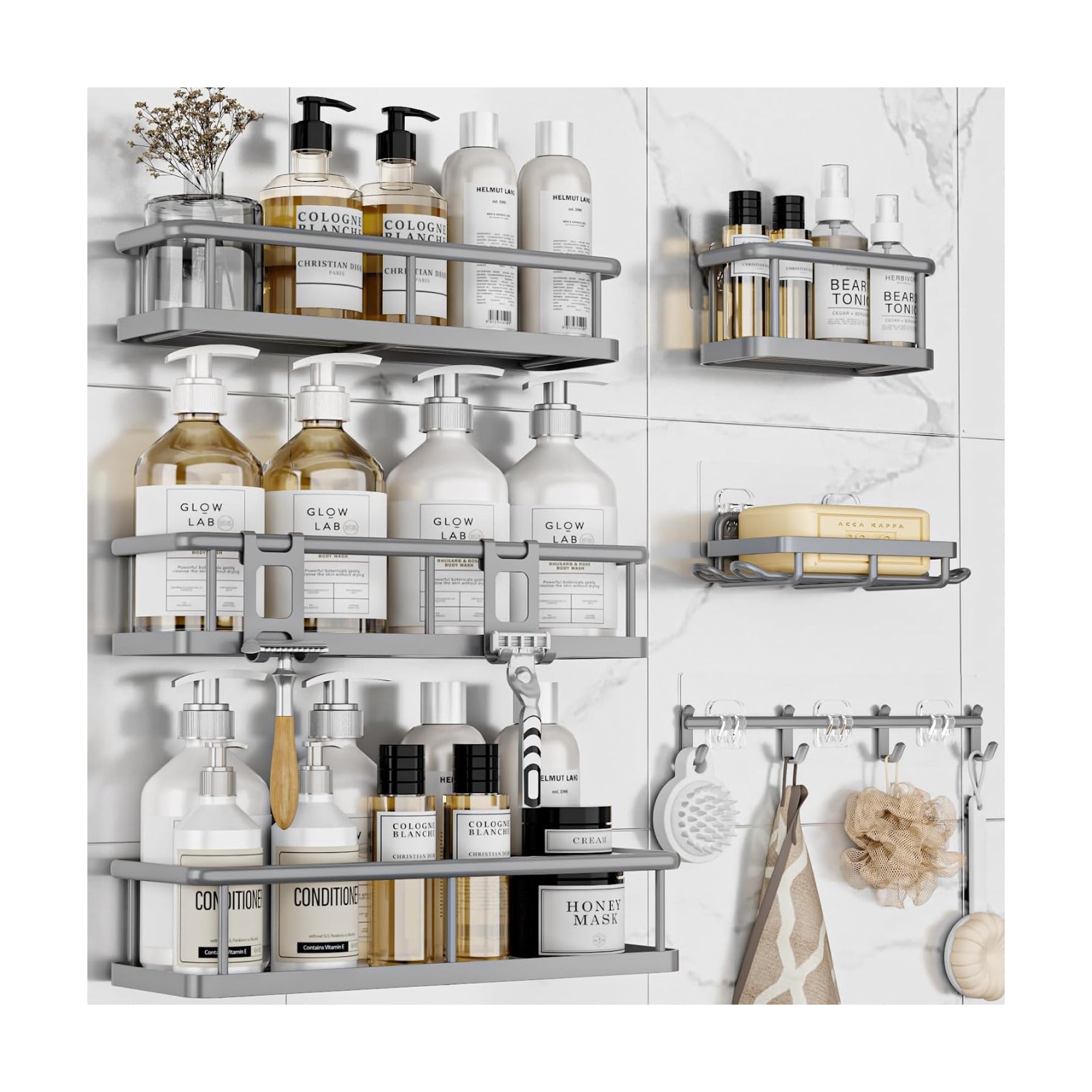 YASONIC Shower Caddy Adhesive, Rustproof Shower Organizer with Soap Holder, Large Capacity Shower Shelves for Inside