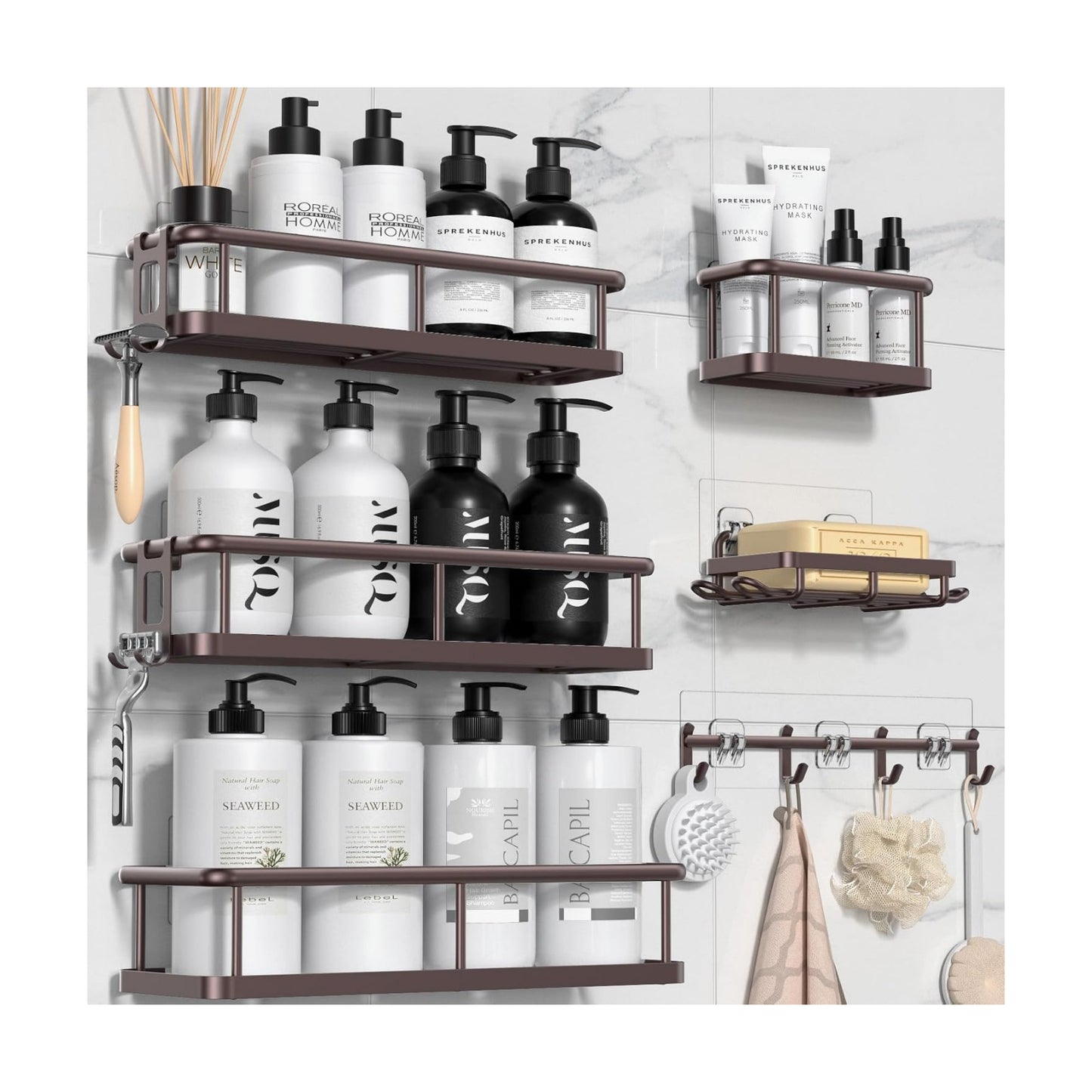 YASONIC Shower Caddy Adhesive, Rustproof Shower Organizer with Soap Holder, Large Capacity Shower Shelves for Inside