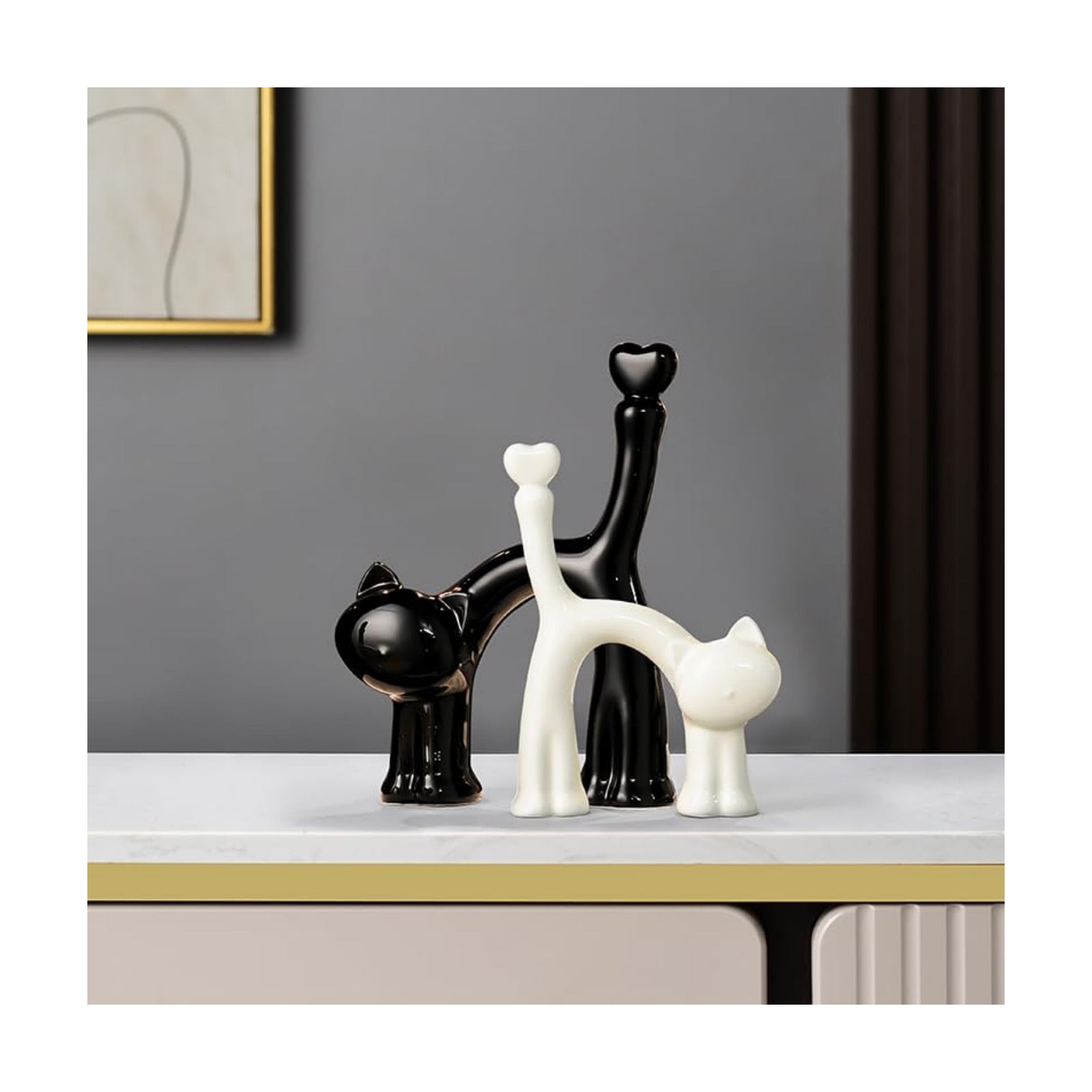 Cat Figurines / Modern Cat Decor / Black White / Set of 2