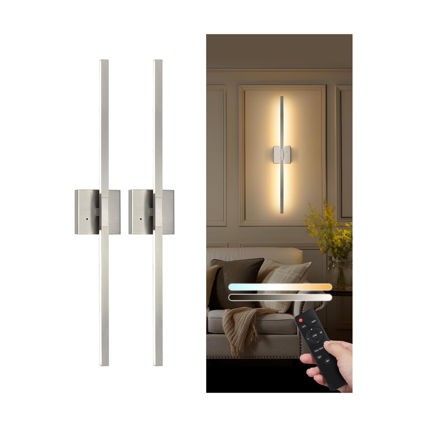 Rayogale Nickel Battery Operated Wall Sconce with Remote Control 32 Inch | 3000/4500/6000K Dimmable 8000mAh Wireless