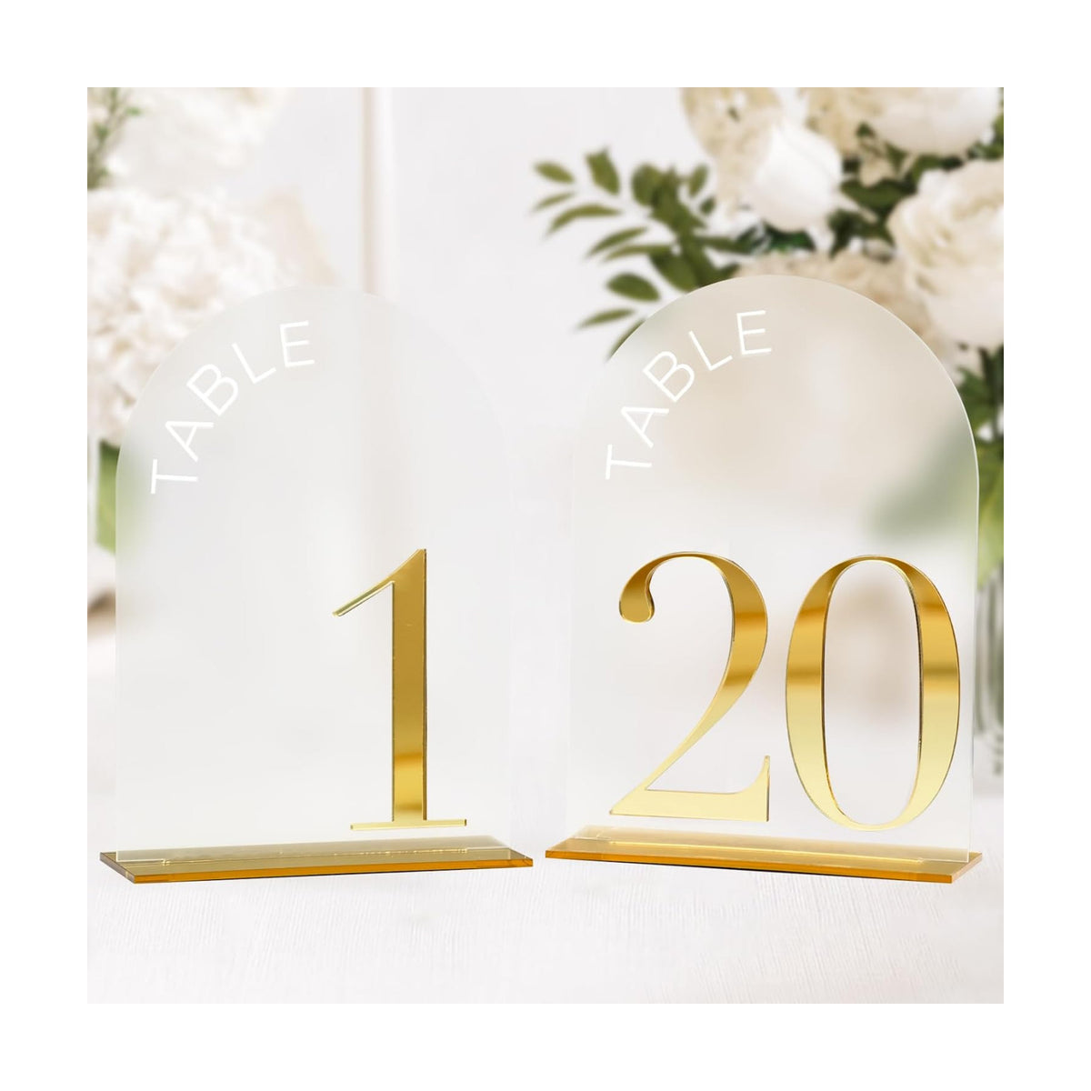Frosted Arch Wedding Table Numbers 1-20, Gold Numbers and Stands | 20 Pack 5x7 Inch Frosted Arch Acrylic Sign with
