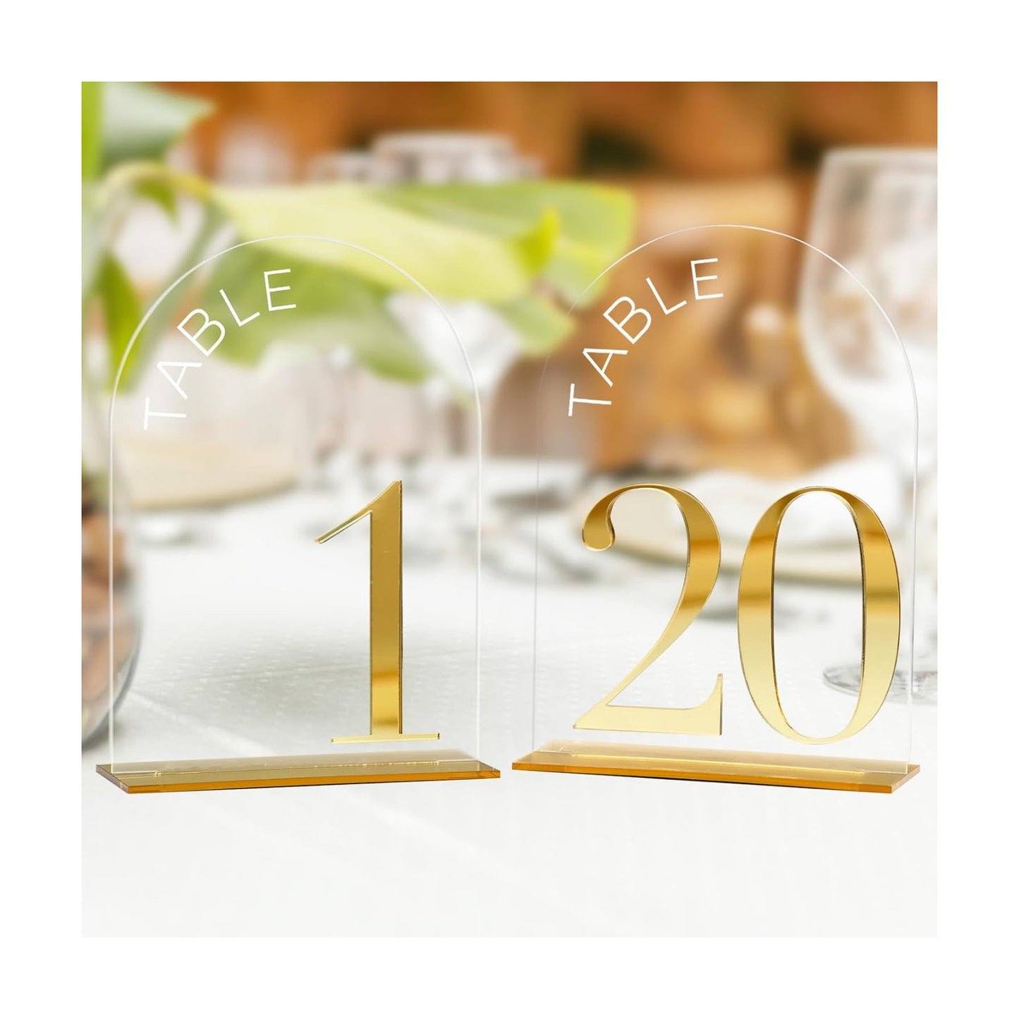 Clear Arch Wedding Table Numbers 1-20, Gold Numbers and Stands | 20 Pack 5x7 Inch Clear Arch Acrylic Sign with Raised