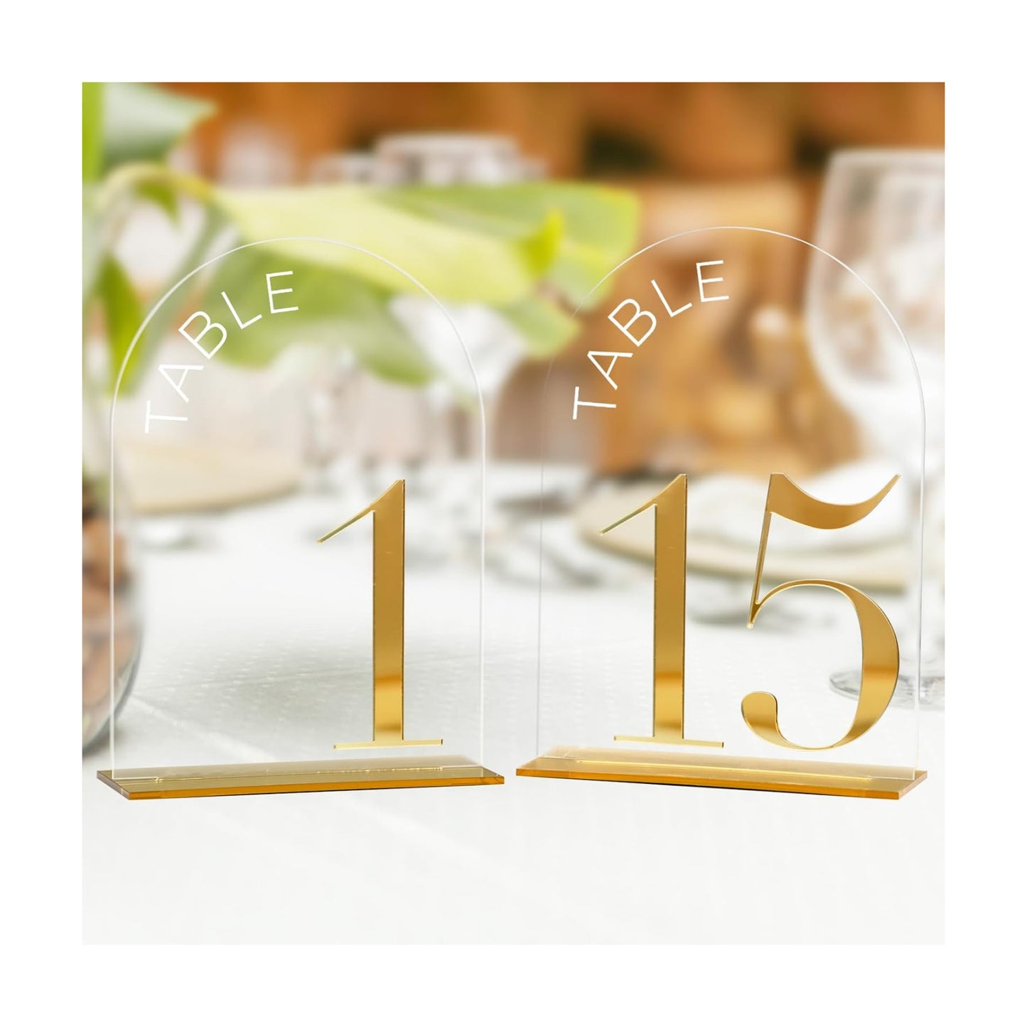 Clear Arch Wedding Table Numbers 1-15, Gold Numbers and Stands | 15 Pack 5x7 Inch Clear Arch Acrylic Sign with Raised