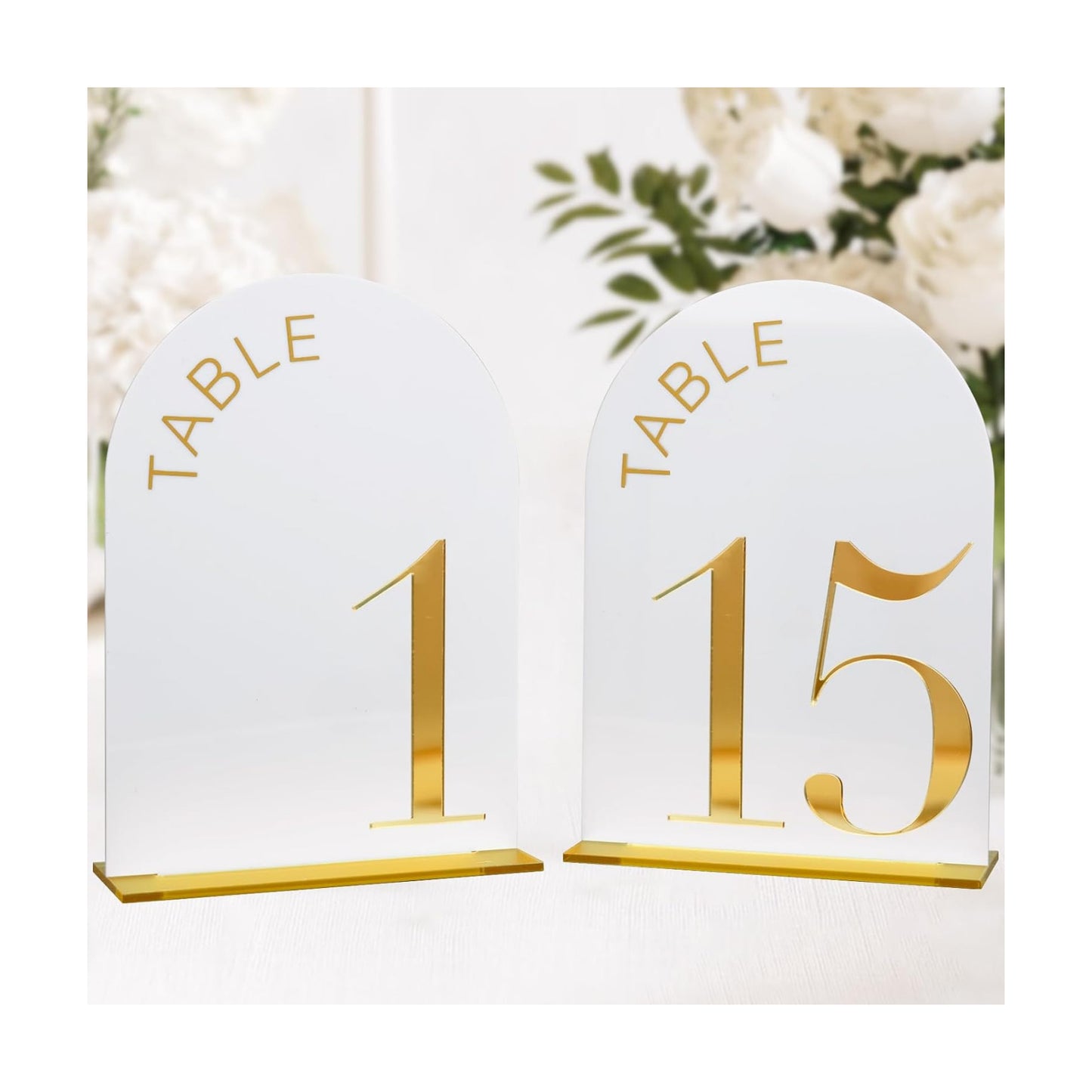 White Arch Wedding Table Numbers 1-15, Gold Numbers and Stands | 15 Pack 5x7 Inch White Arch Acrylic Sign with Raised
