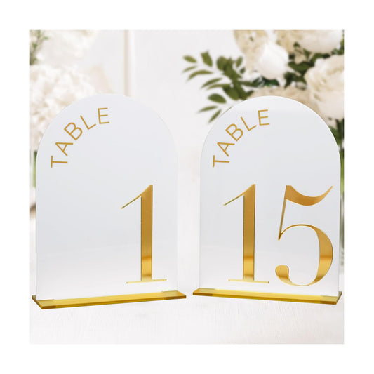 White Arch Wedding Table Numbers 1-15, Gold Numbers and Stands | 15 Pack 5x7 Inch White Arch Acrylic Sign with Raised