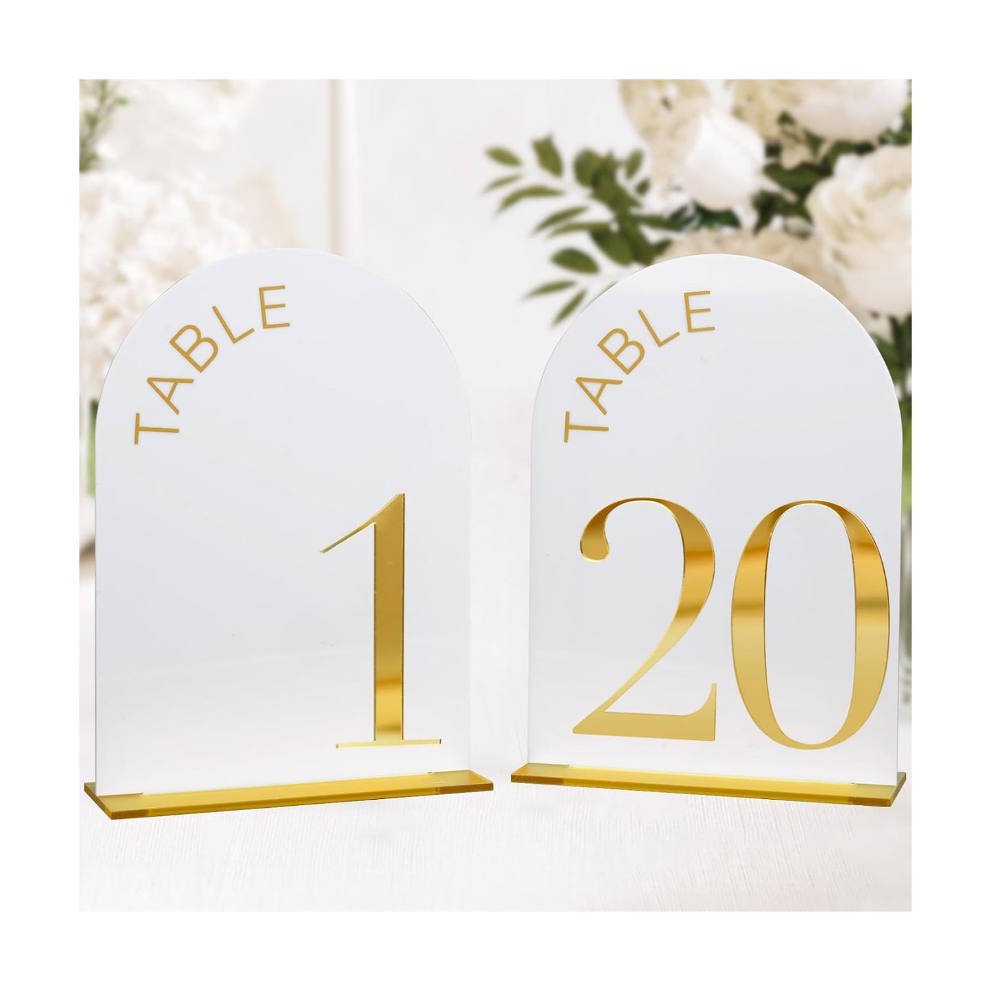 White Arch Wedding Table Numbers 1-20, Gold Numbers and Stands | 20 Pack 5x7 Inch White Arch Acrylic Sign with Raised