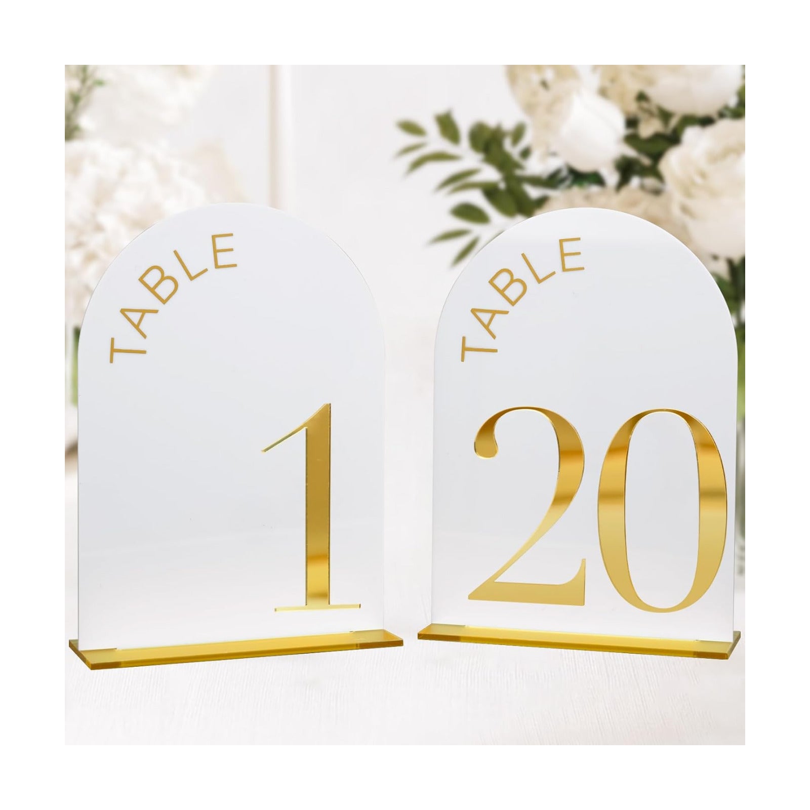 White Arch Wedding Table Numbers 1-20, Gold Numbers and Stands | 20 Pack 5x7 Inch White Arch Acrylic Sign with Raised
