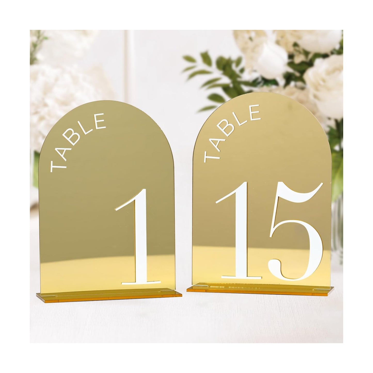 Gold Mirror Arch Wedding Table Numbers 1-15 with Stands | 15 Pack 5x7 Inch Gold Mirror Acrylic Arch Signs with Raised