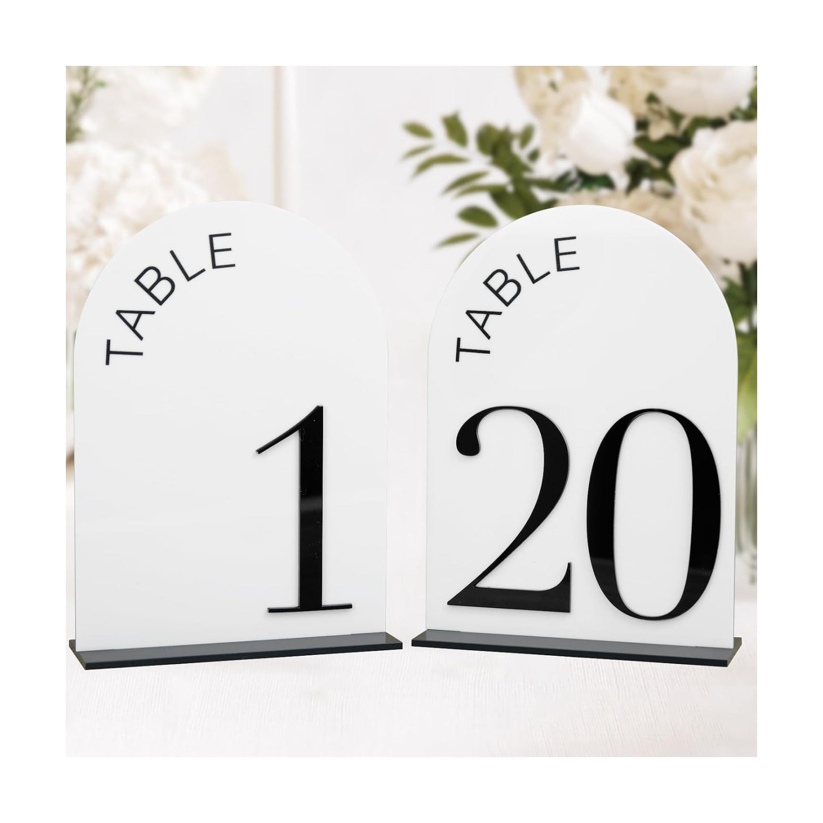 White Arch Wedding Table Numbers 1-20 with Stands | 20 Pack 5x7 Inch White Acrylic Arch Signs with Raised Black