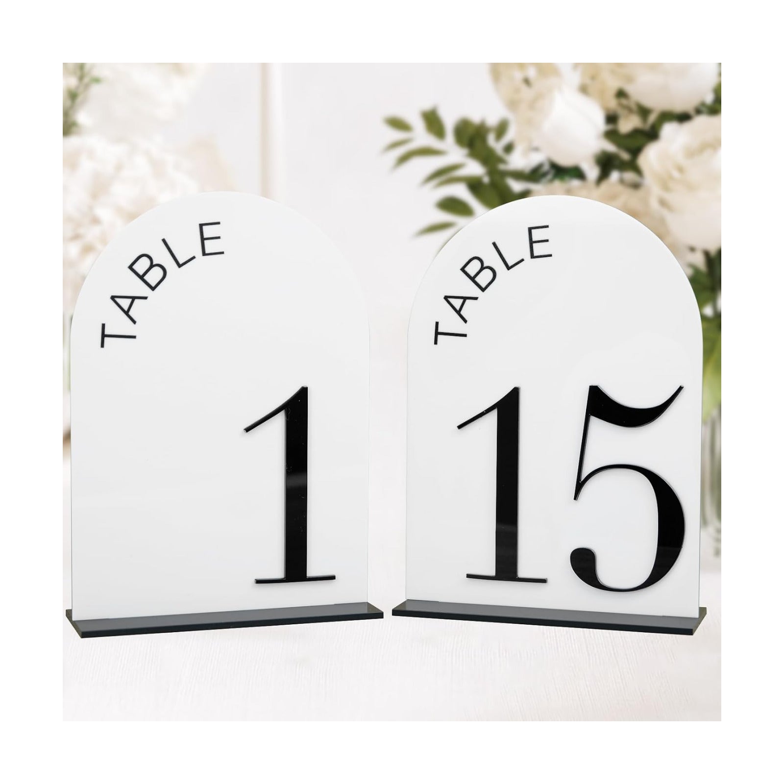 White Arch Wedding Table Numbers 1-15, Black Numbers and Stands | 15 Pack 5x7 Inch White Acrylic Arch Signs with Raised