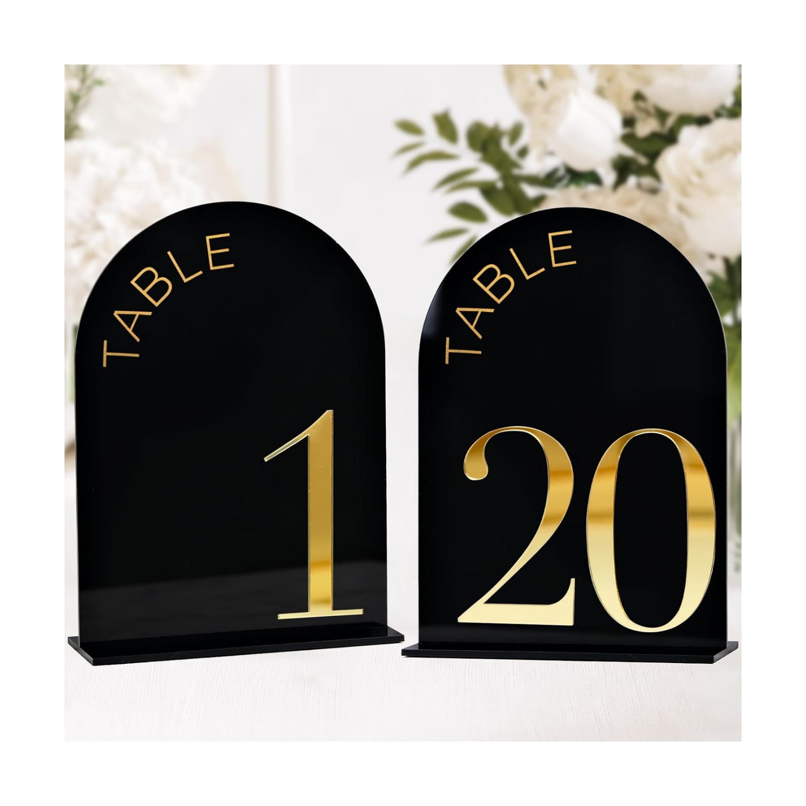 Black Arch Wedding Table Numbers 1-20, Gold Numbers and Stands | 10 Pack 5x7 Inch Black Arch Acrylic Sign with Raised