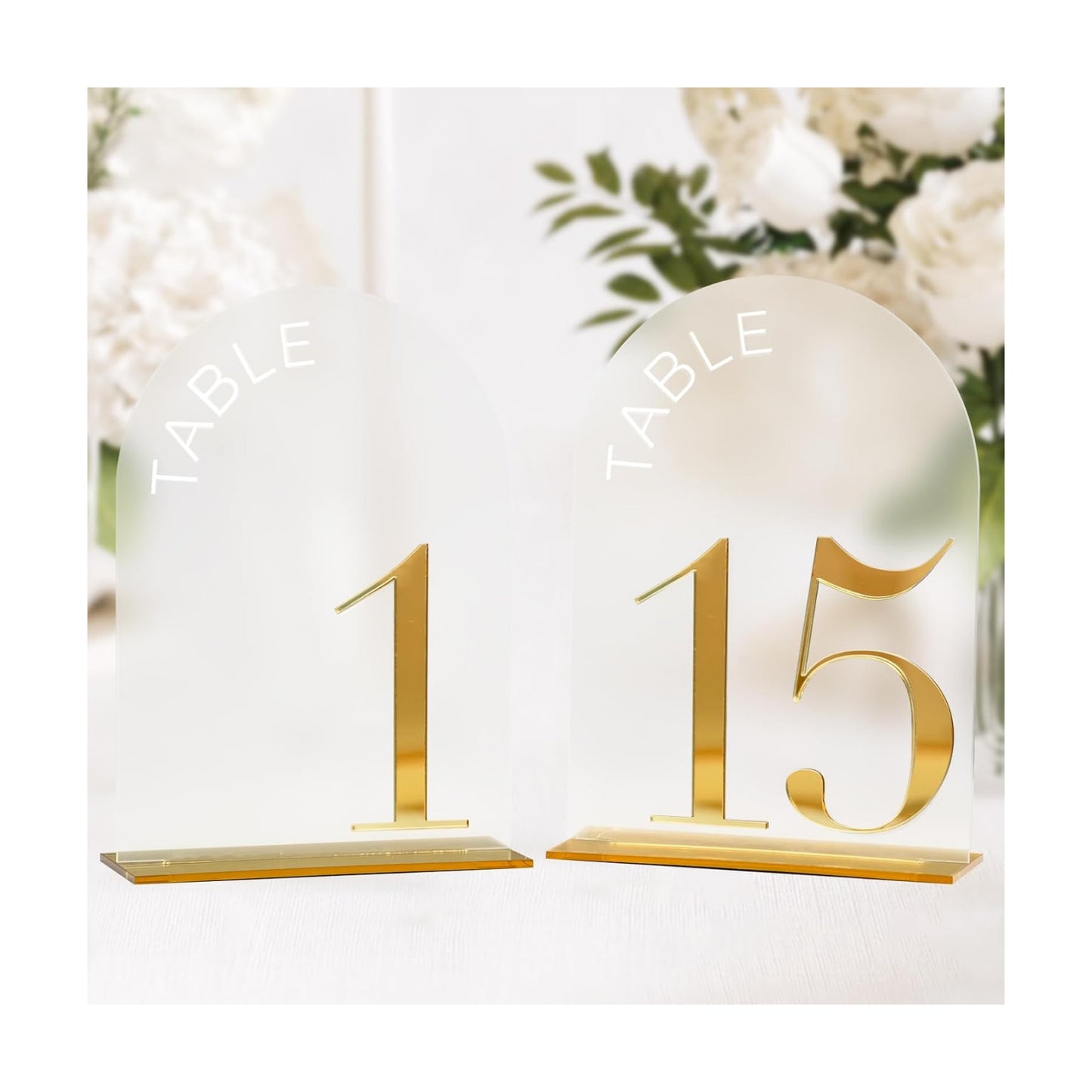 Frosted Arch Wedding Table Numbers 1-15, Gold Numbers and Stands | 15 Pack 5x7 Inch Frosted Arch Acrylic Sign with