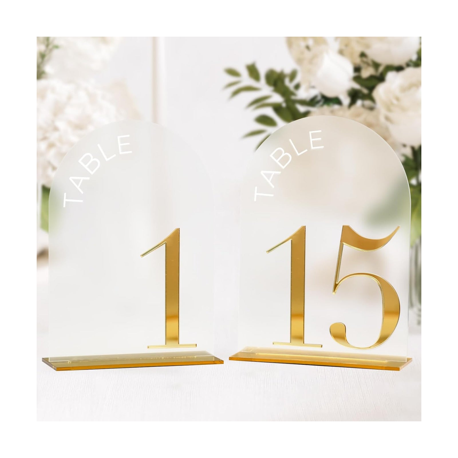 Frosted Arch Wedding Table Numbers 1-15, Gold Numbers and Stands | 15 Pack 5x7 Inch Frosted Arch Acrylic Sign with
