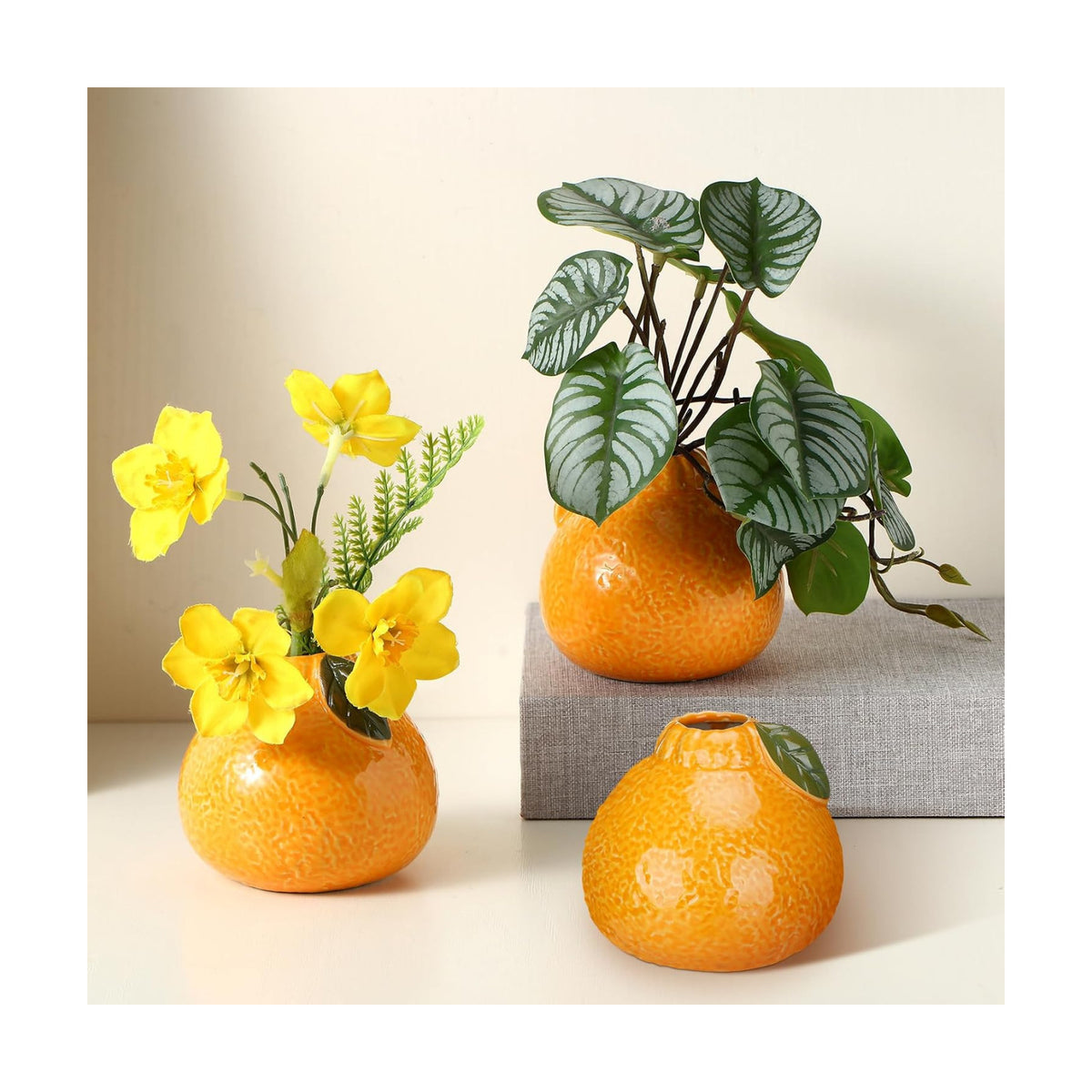 Sieral 3 Pcs 3.7 Inch Ceramic Orange Vase with Green Leaves Cute Tangerine Shape Ceramic Planter Hydroponics Vase Small Orange Flower Pot for Living Room, Bookshelf, Office Home Decor