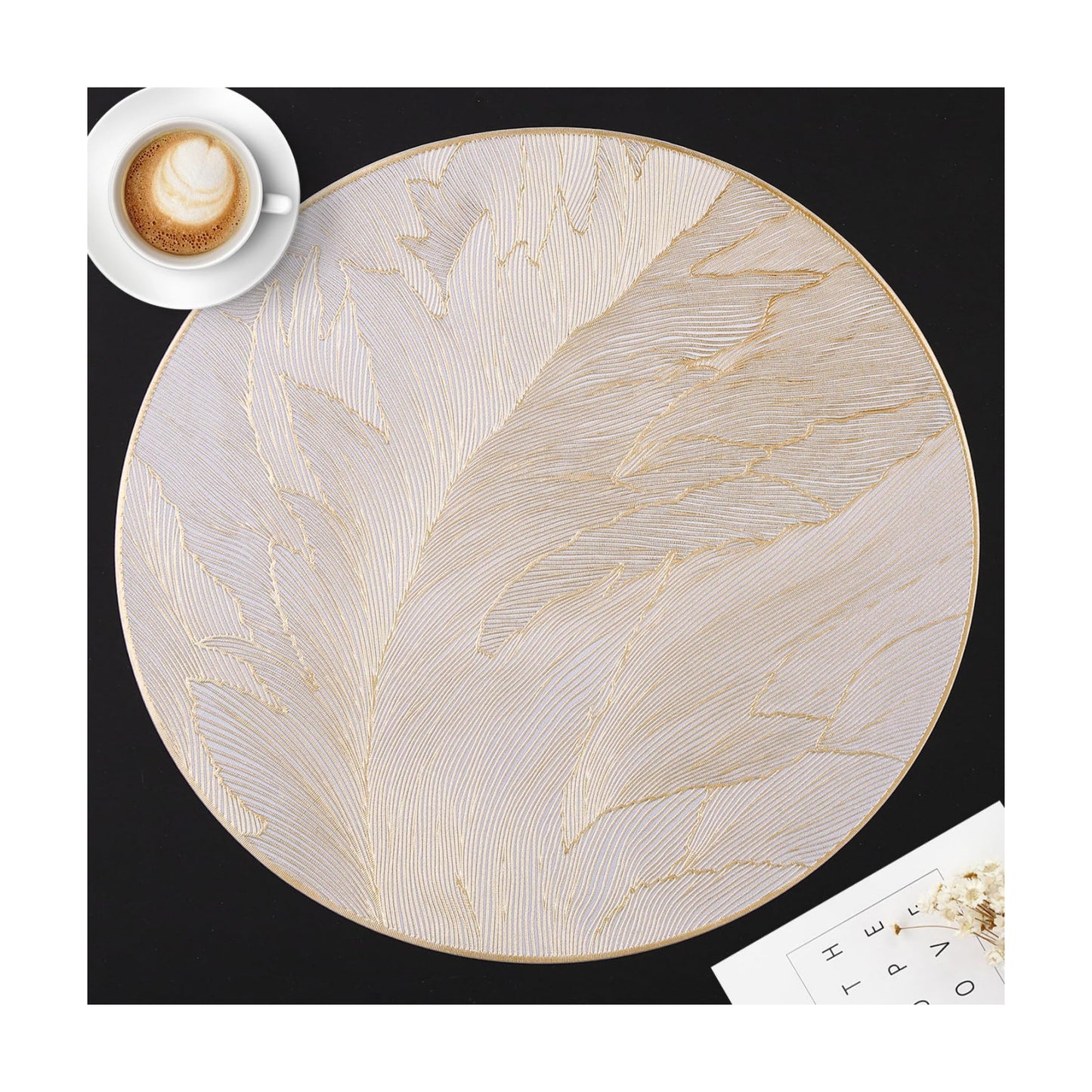 FAVE 12PCS Gold Feather Placemats, Round Vinyl, Non-Slip & Wipeable, 15" | Shimmering Metallic Gold Table Decor for
