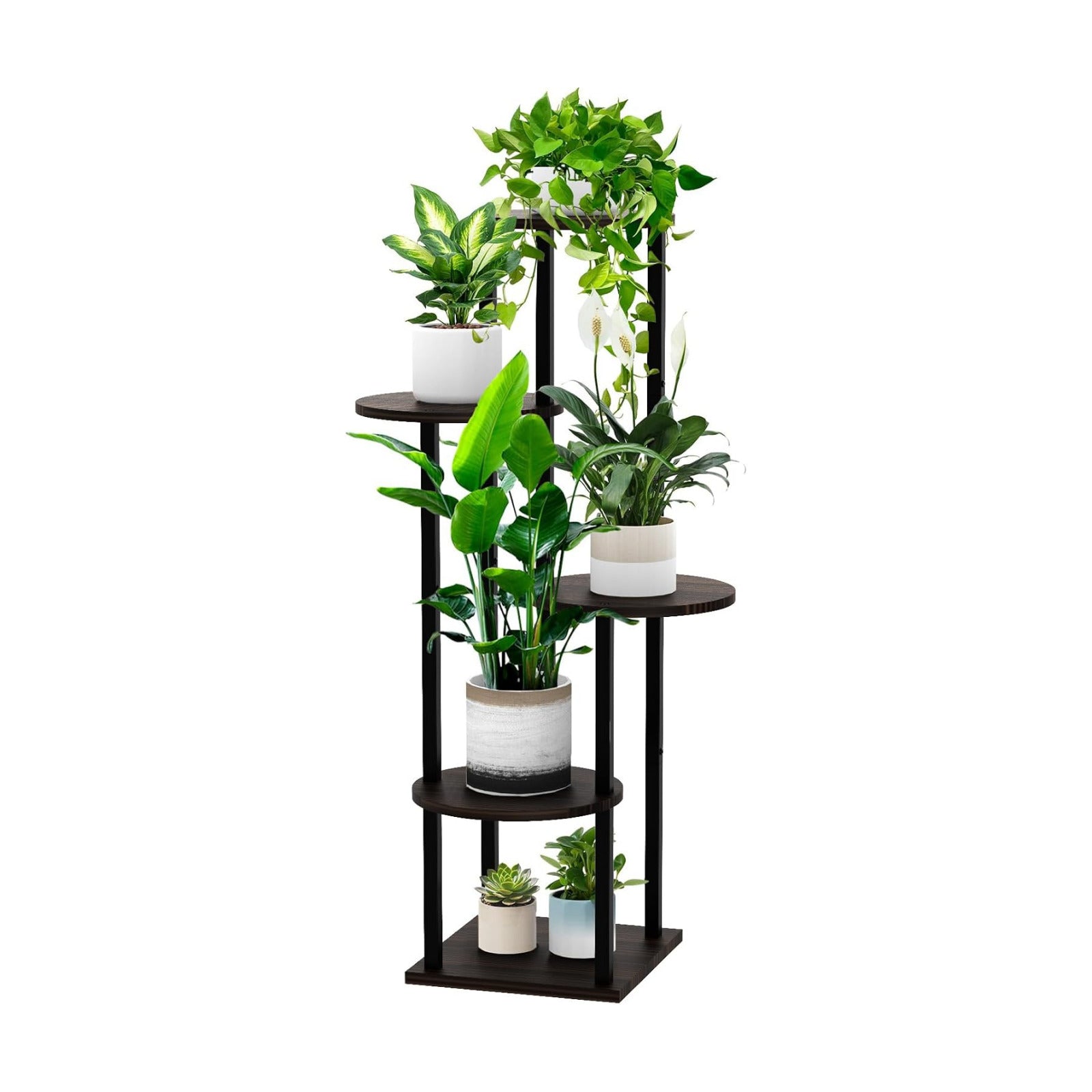 5 Tier Wood Tall Plant Stand Metal Rack Indoor, Multiple Flower Pot Holder Shelves Corner Rack, Round Planter Shelf