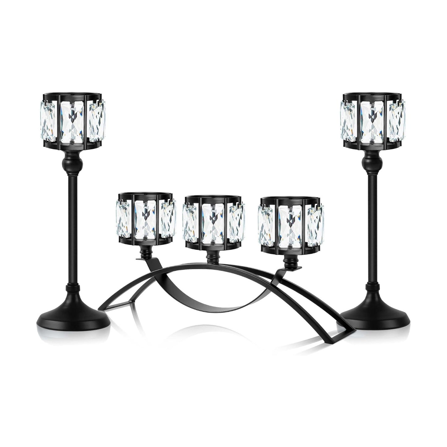 Black Set of 3 Crystal Candle Holders Arched - Elegant Tabletop Candelabra Centerpiece for Weddings, Dining Room Decor
