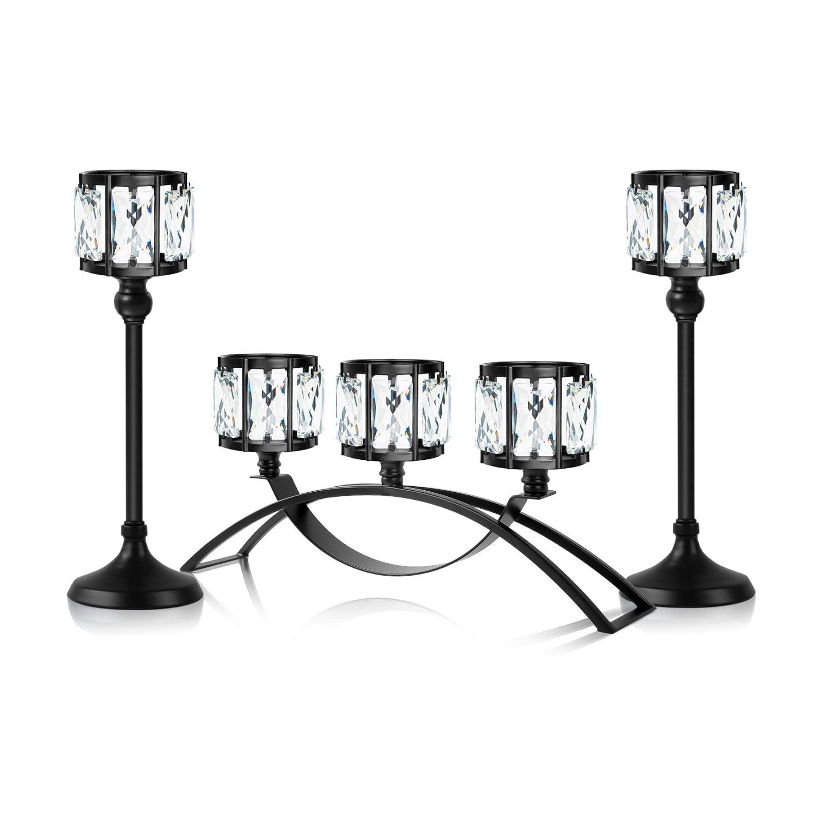 Black Set of 3 Crystal Candle Holders Arched - Elegant Tabletop Candelabra Centerpiece for Weddings, Dining Room Decor