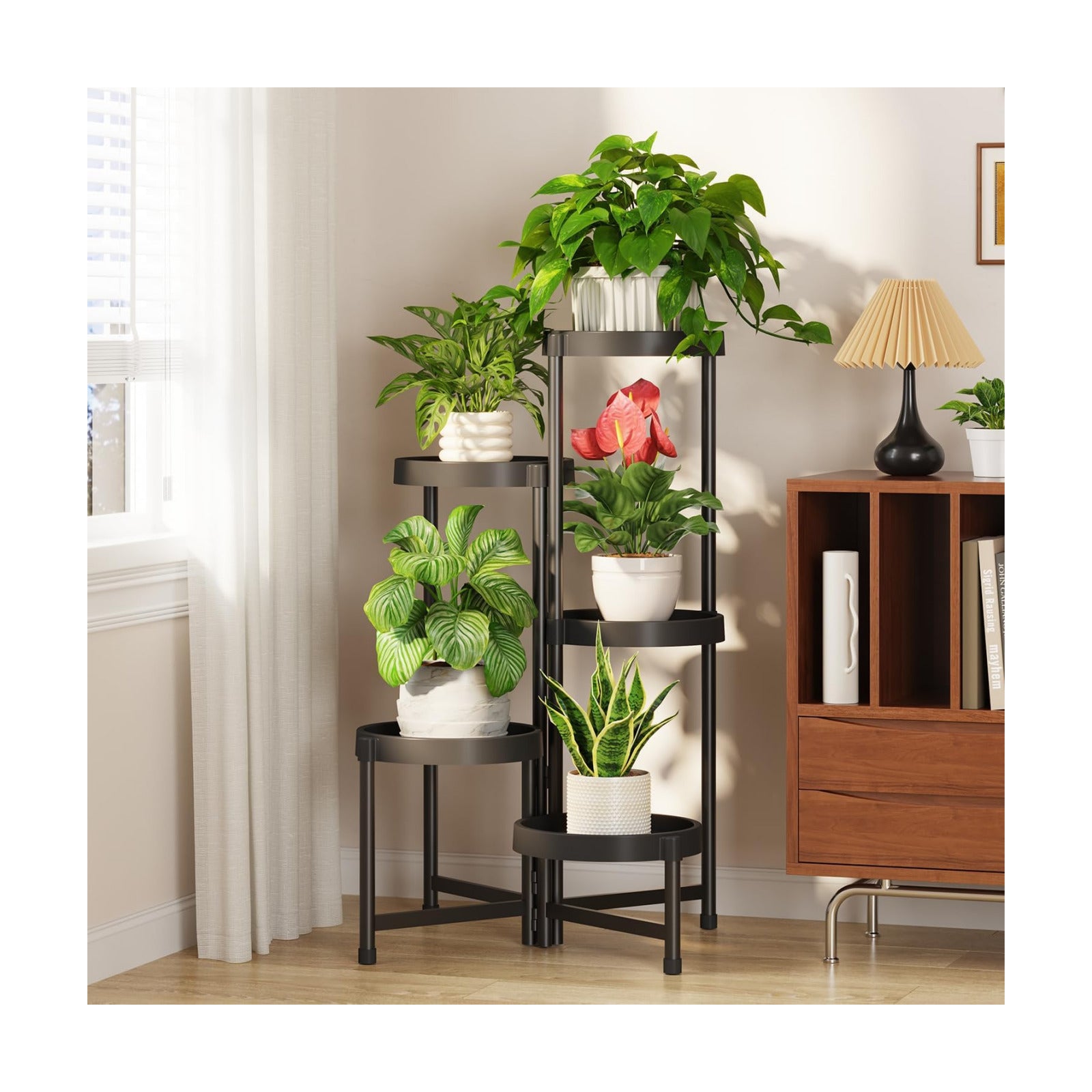 LASZOLA Plant Stand Indoor Outdoor Tall with Plastic Tray, 5 Tiers Black | Corner Folding Flower Display Rack, Modern