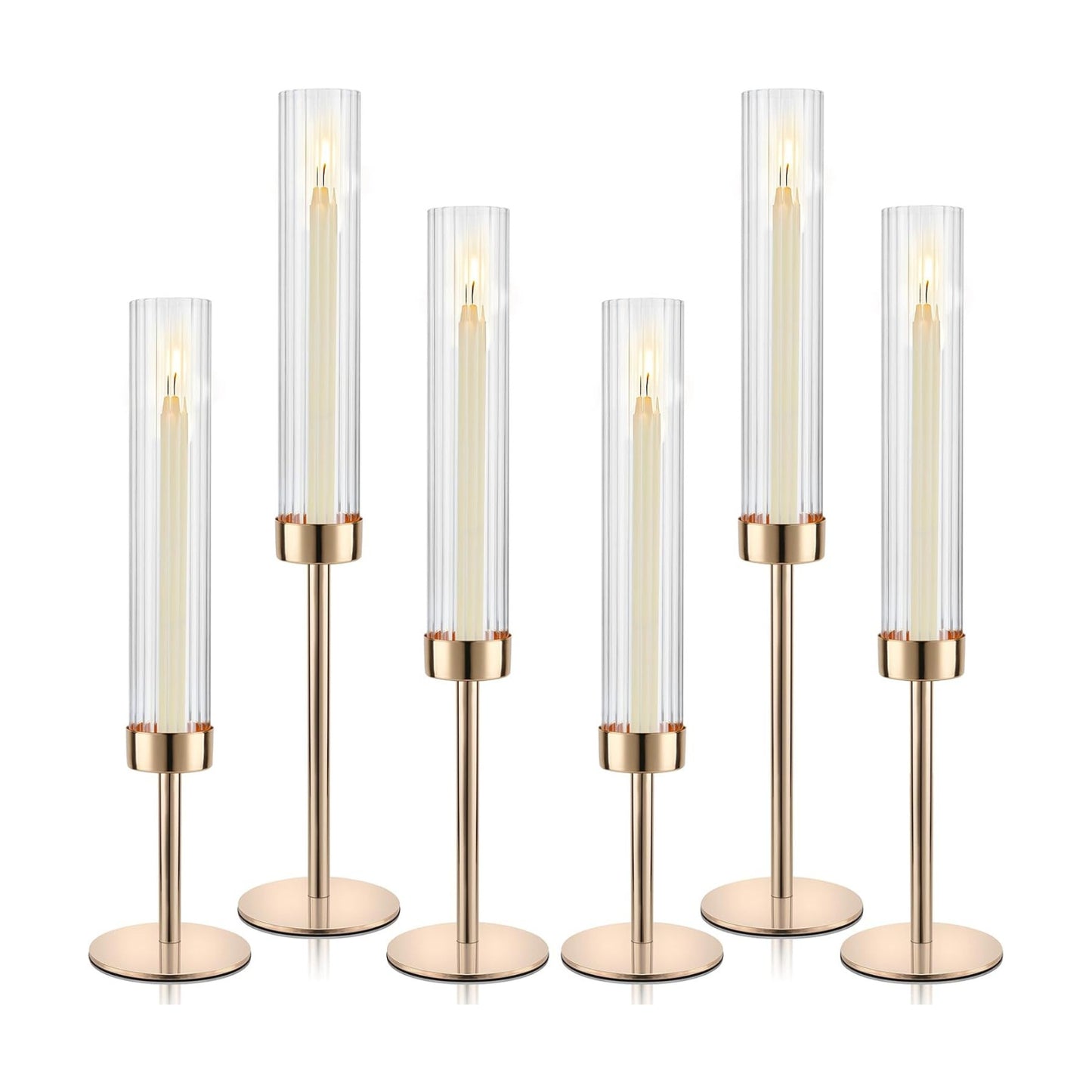 Gold Hurricane Candle Holders, Set of 6 Glass Taper Candlestick Holders Metal Candle Stands Bulk with Ribbed Glass