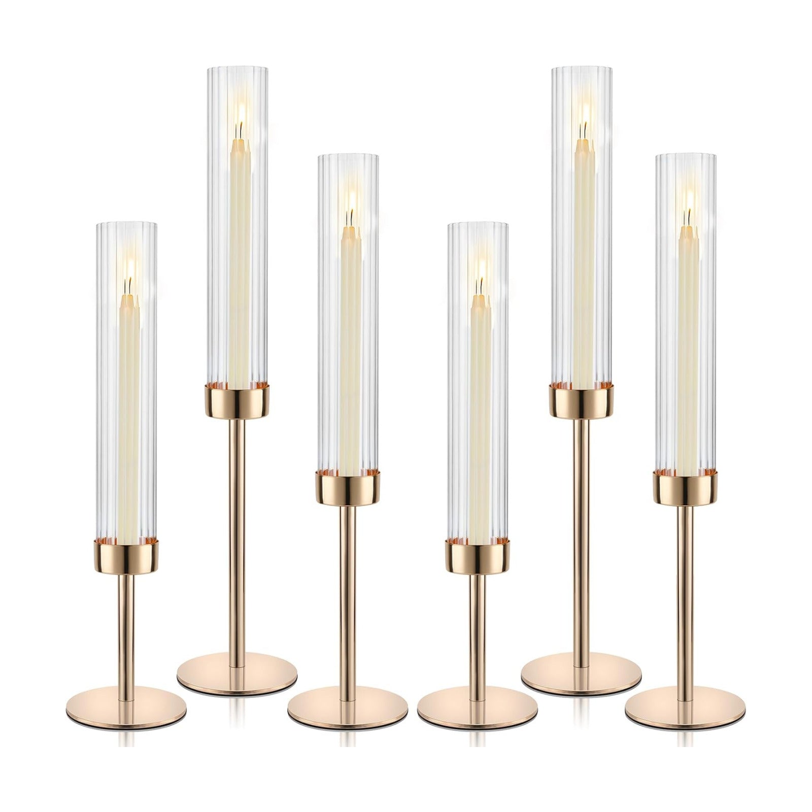 Gold Hurricane Candle Holders, Set of 6 Glass Taper Candlestick Holders Metal Candle Stands Bulk with Ribbed Glass