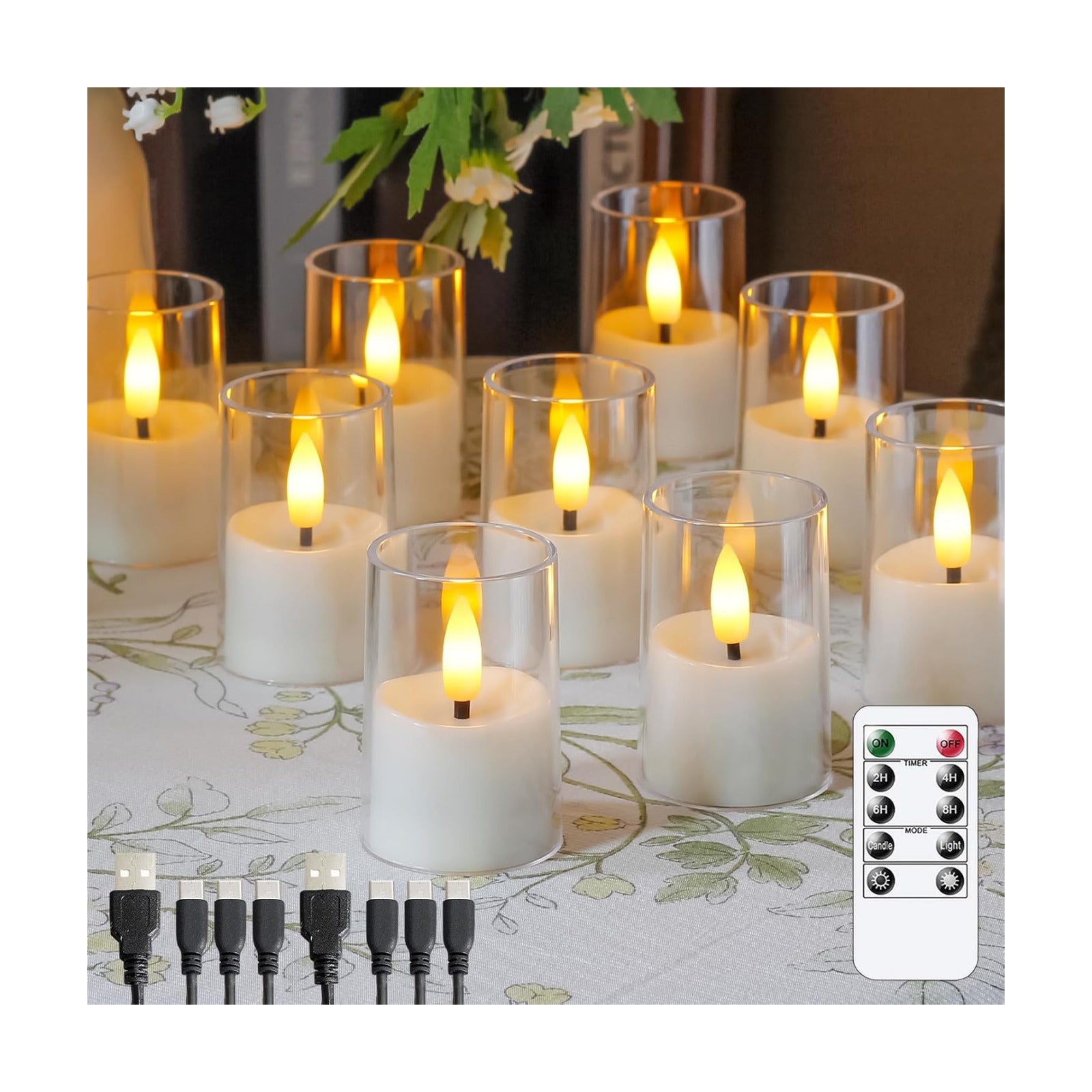 Rechargeable Acrylic Flameless Votive Candles with Timer & Remote Control, 1.7" x2.5" Flickering LED Warm Glow Tealight