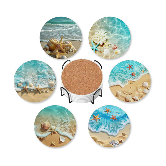 Beach Starfish Shell Absorbent Round Ceramic Stone Mat Coaster / Beach,starfish Shell / Set of 6