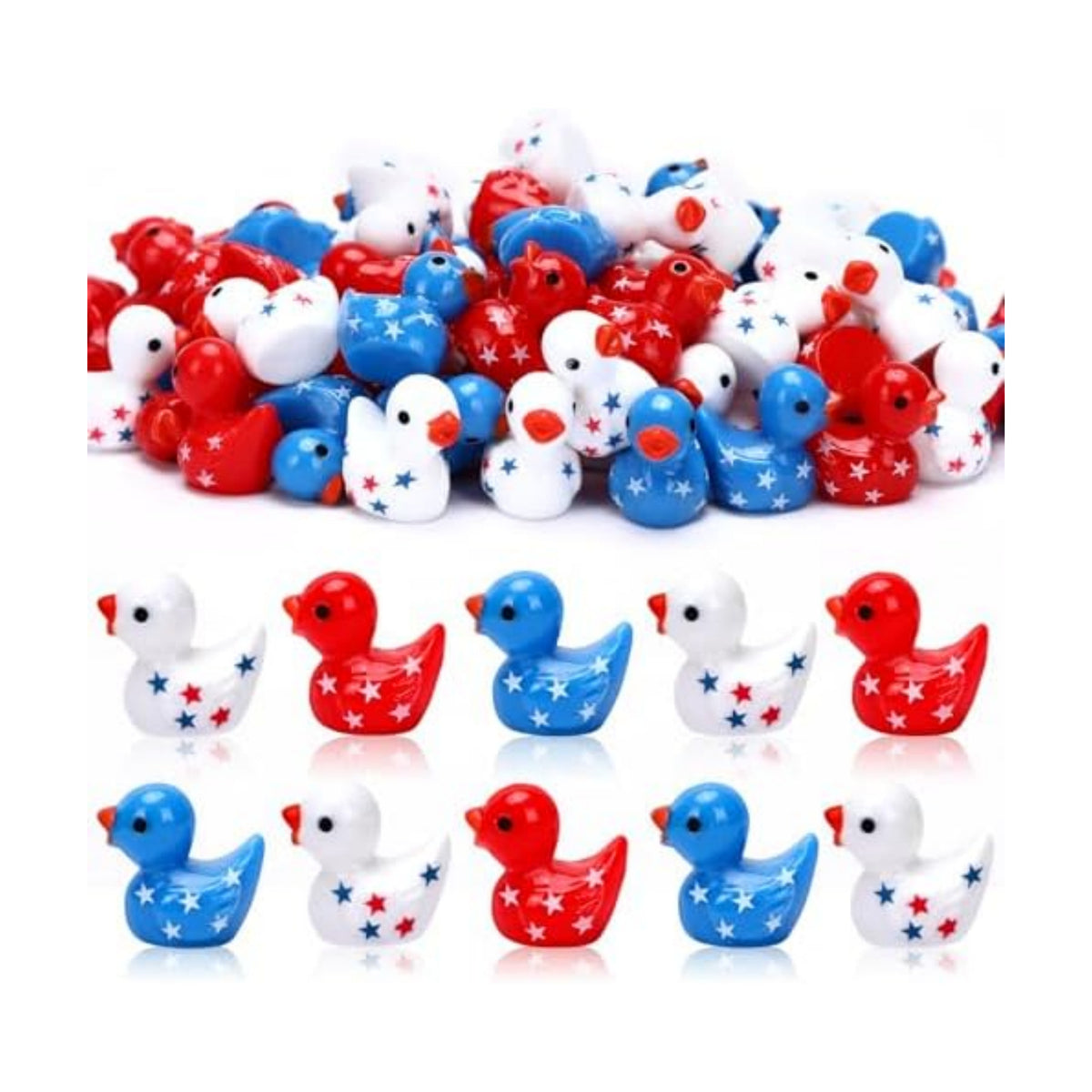 JUNEBRUSHS 50 Pcs Patriotic Ducks Mini Resin Duck 4th of July Tiny Ducks Red White Blue Miniature Ornaments for Vase Filler Jewelry Making DIY Crafts Party Gifts Decorations