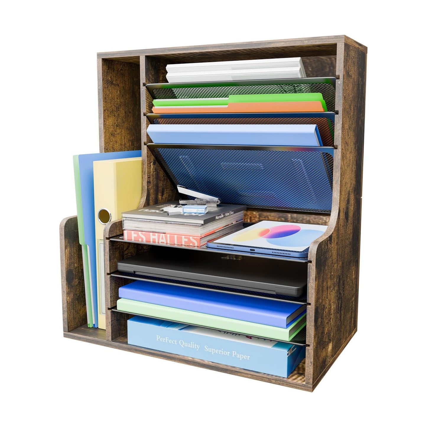 Simple Trending 7- Tier Desk File Organizer, Paper Organizer, Rustic Brown | Adjustable Letter Trays, Wooden Desk