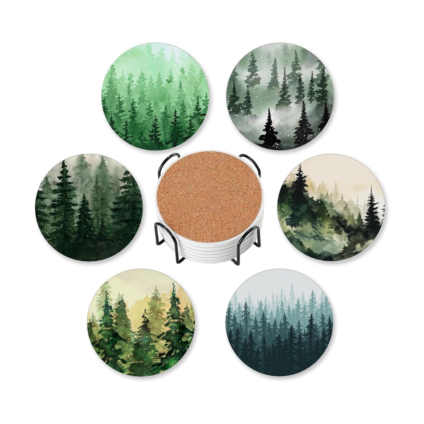 Holder / Absorbent Round Ceramic Coaster for Tabletop / Watercolor Landscape Pine Forest / Set of 6