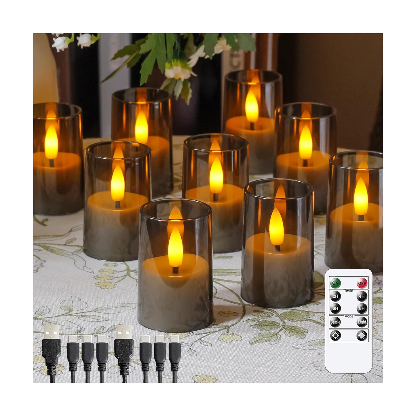Rechargeable Acrylic Flameless Votive Candles with Timer & Remote Control, 1.7" x2.5" Flickering LED Warm Glow Tealight