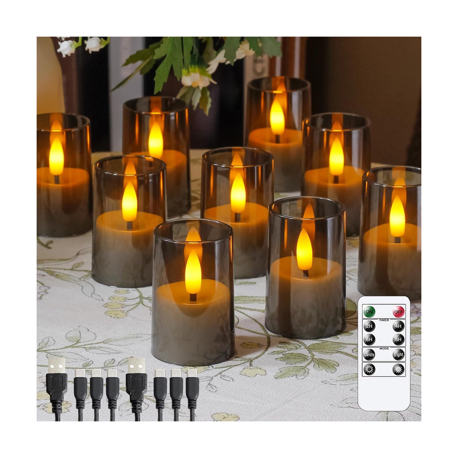 Rechargeable Acrylic Flameless Votive Candles with Timer & Remote Control, 1.7" x2.5" Flickering LED Warm Glow Tealight