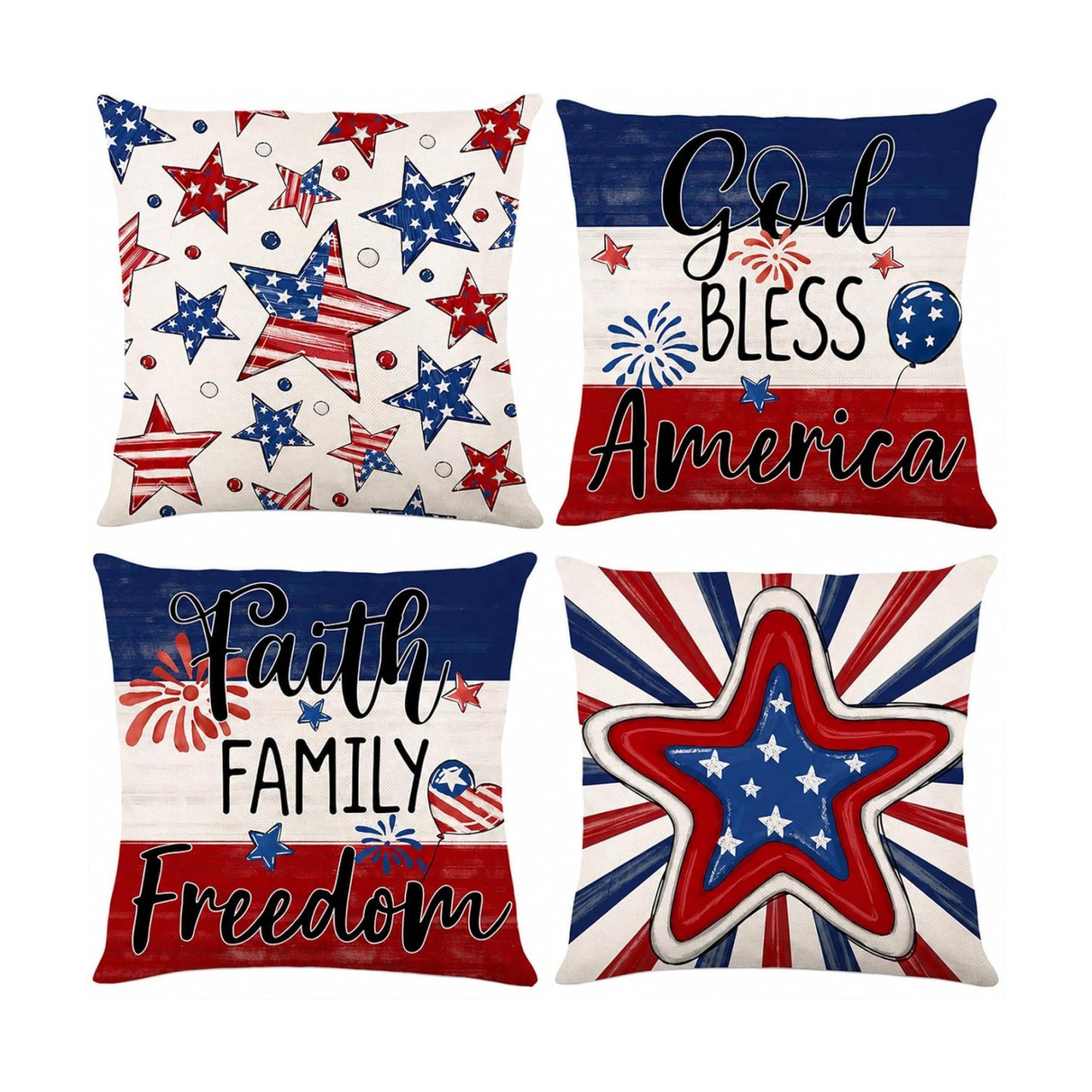 Patriotic Pillow Covers / Red White Blue 2 / 18 x 18 / Set of 4