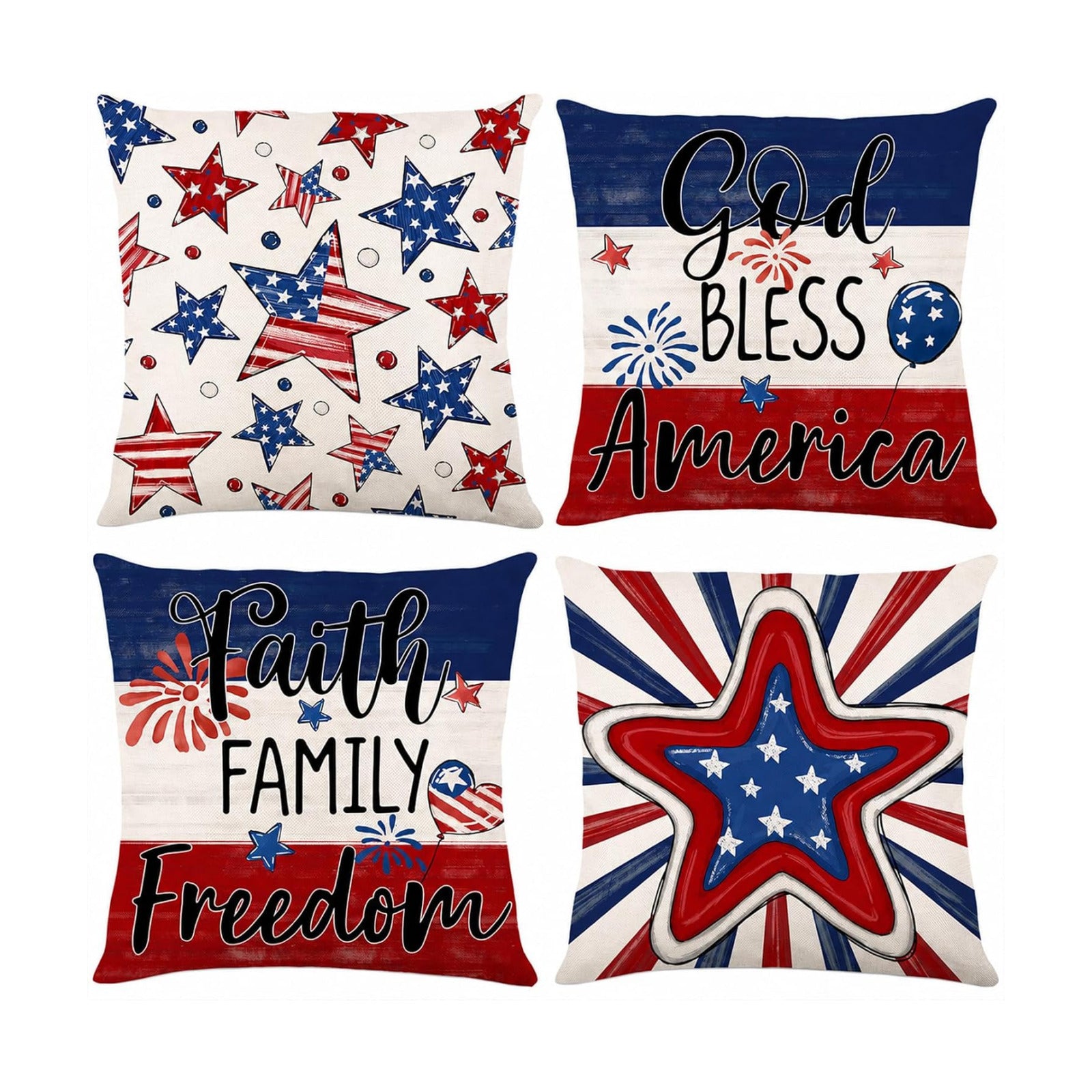 Patriotic Pillow Covers / Red White Blue 2 / 18 x 18 / Set of 4