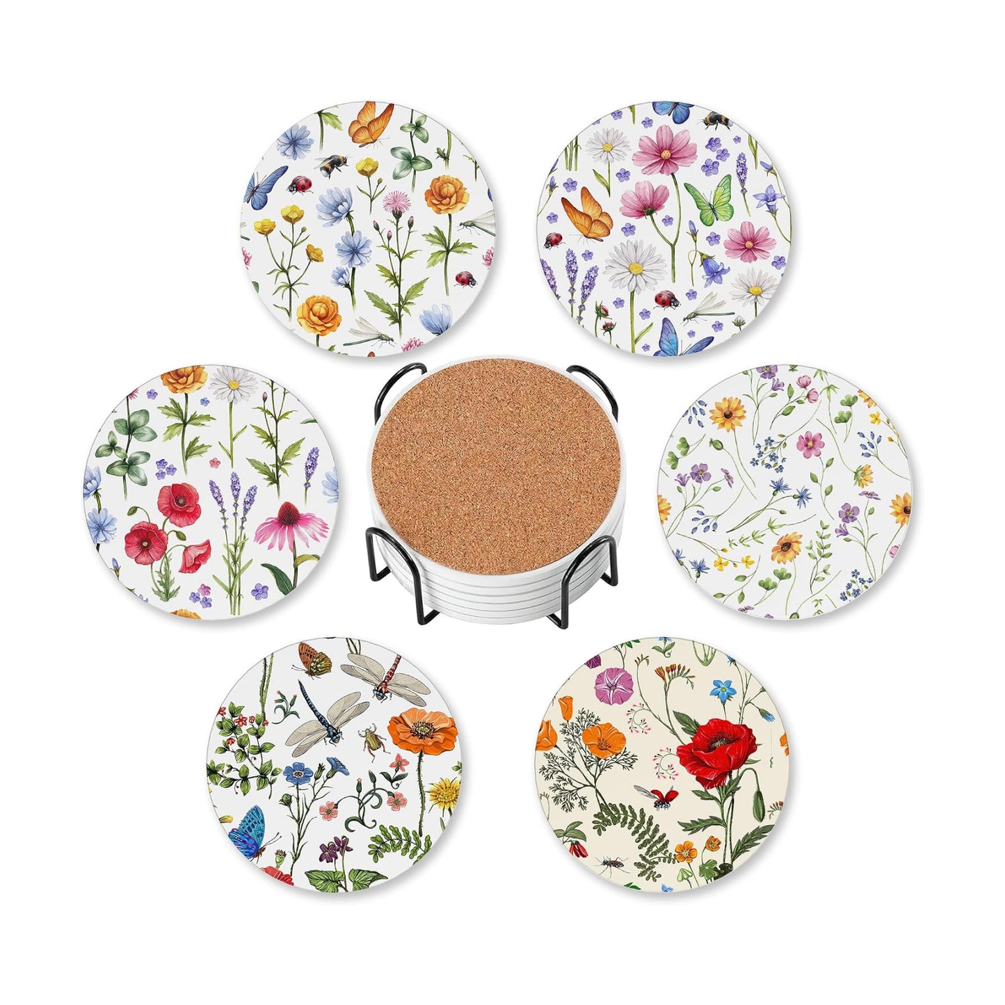 Holder / Absorbent Round Ceramic Coaster for Tabletop Protection / Botanical Flowers / Set of 6