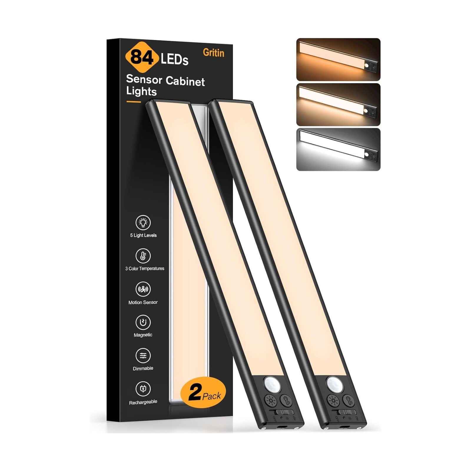Gritin 10.2inch Under Cabinet Lighting Rechargeable 2 Pack | 3 Color Temps & 5 Brightness,Super Bright,4 Modes,Motion