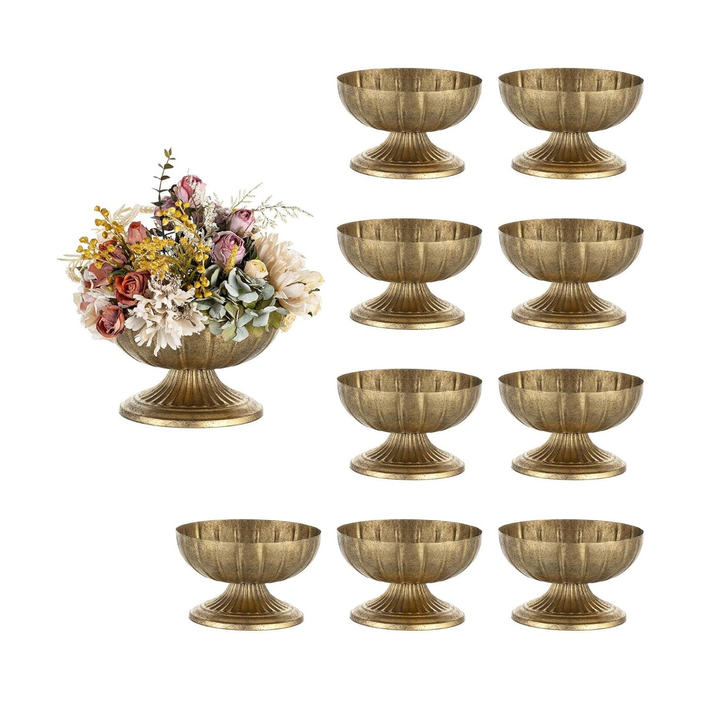 NUPTIO Gold Compote Vase for Centerpiece, 8.5" Wide Opening, 10 Pcs | Distressed Brass Urn, Short Pedestal Footed Bowl