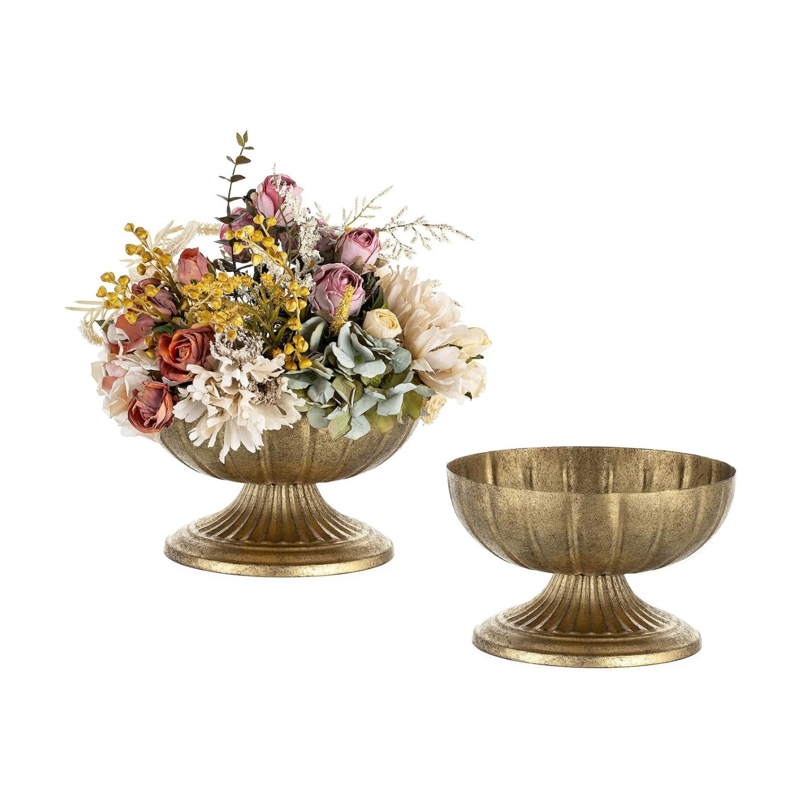 NUPTIO Gold Compote Vase for Centerpiece, 8.5" Wide Opening, 2 Pcs | Distressed Brass Urn, Short Pedestal Footed Bowl