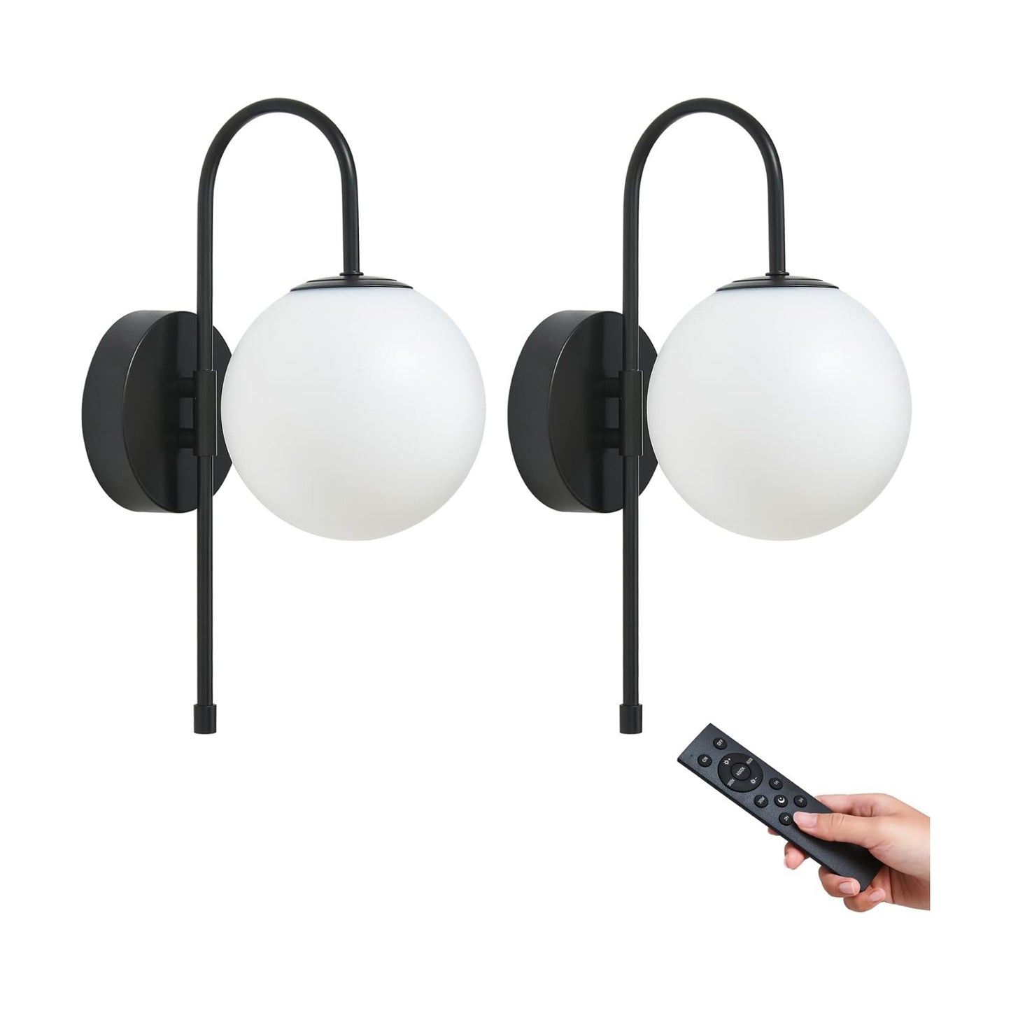 Battery Operated Gooseneck Wall Sconces, Matte Black Globe Glass Set of 2