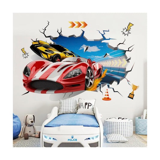 3D Racing Car Wall Decals Wheels Vehicles Car Wall Art Stickers for Boys Room Adults Kids Bedroom