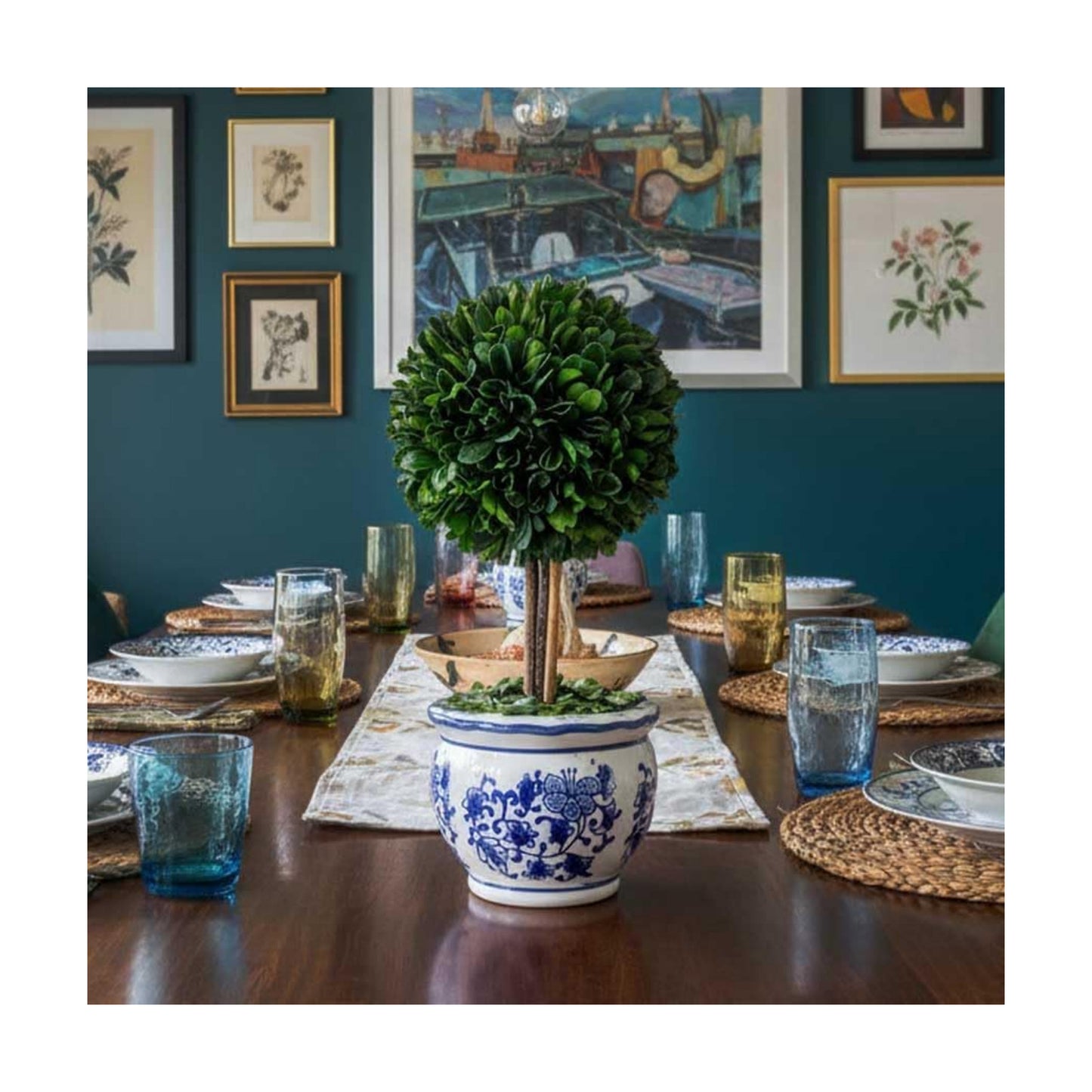 Naturally Preserved Boxwood Ball Topiary Tree in Round Hand / Round Pot Small 11" Topiary / Blue