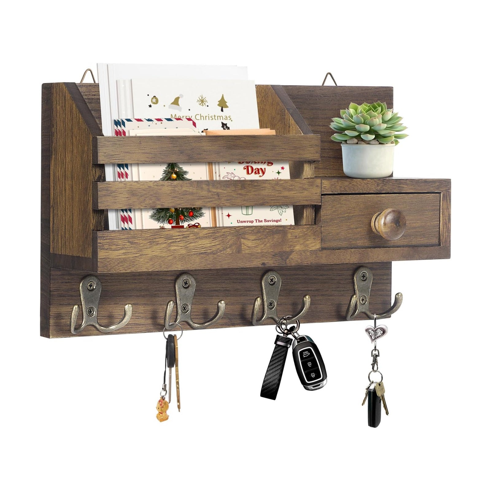Wooden Adhesive Mail and Key Organizer / Brown