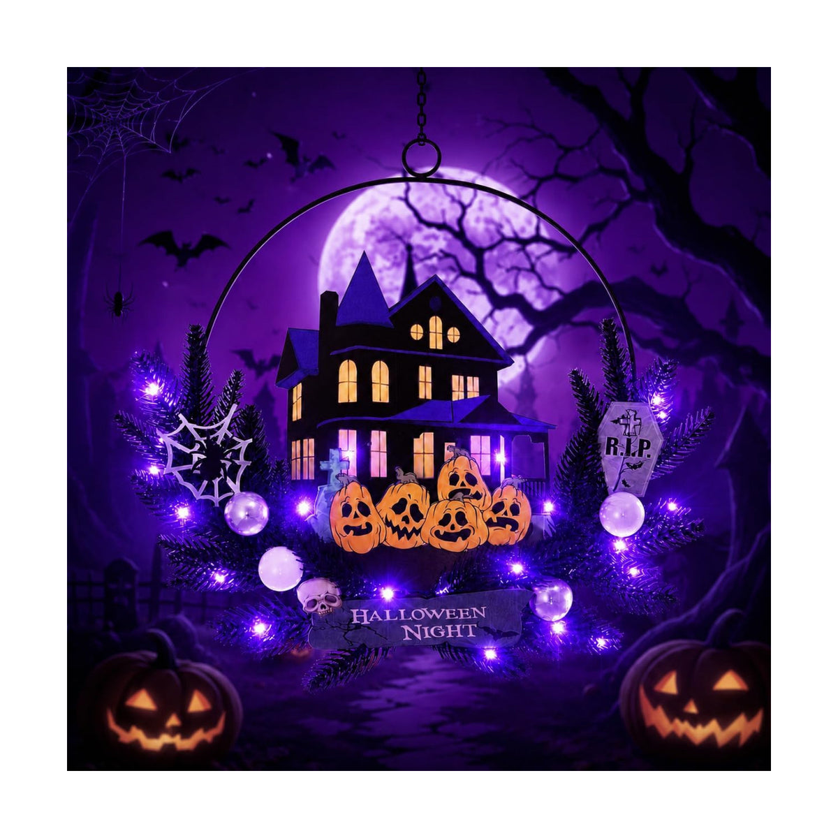 Halloween Wreath with Lights, 15.7 Inch, 6H On/18H Off Timer