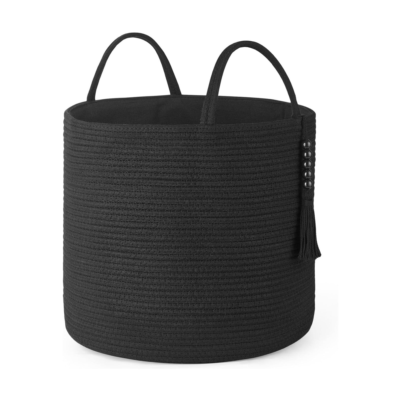 Woven Storage Basket Decorative Natural Rope Basket Wooden Bead Decoration / Black / 16" W x 13.8"L