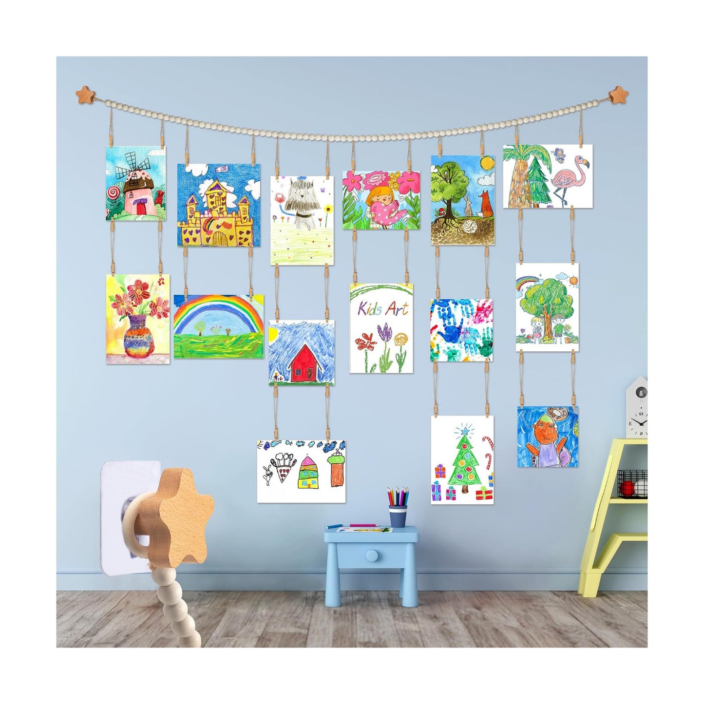 Kids Artwork Display Art Wall Decor Boho Wooden Beaded Garland Collage Holder / Natural / 4.93 Inch
