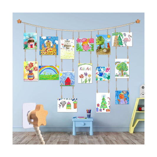 Kids Artwork Display Art Wall Decor Boho Wooden Beaded Garland Collage Holder / Natural / 4.93 Inch